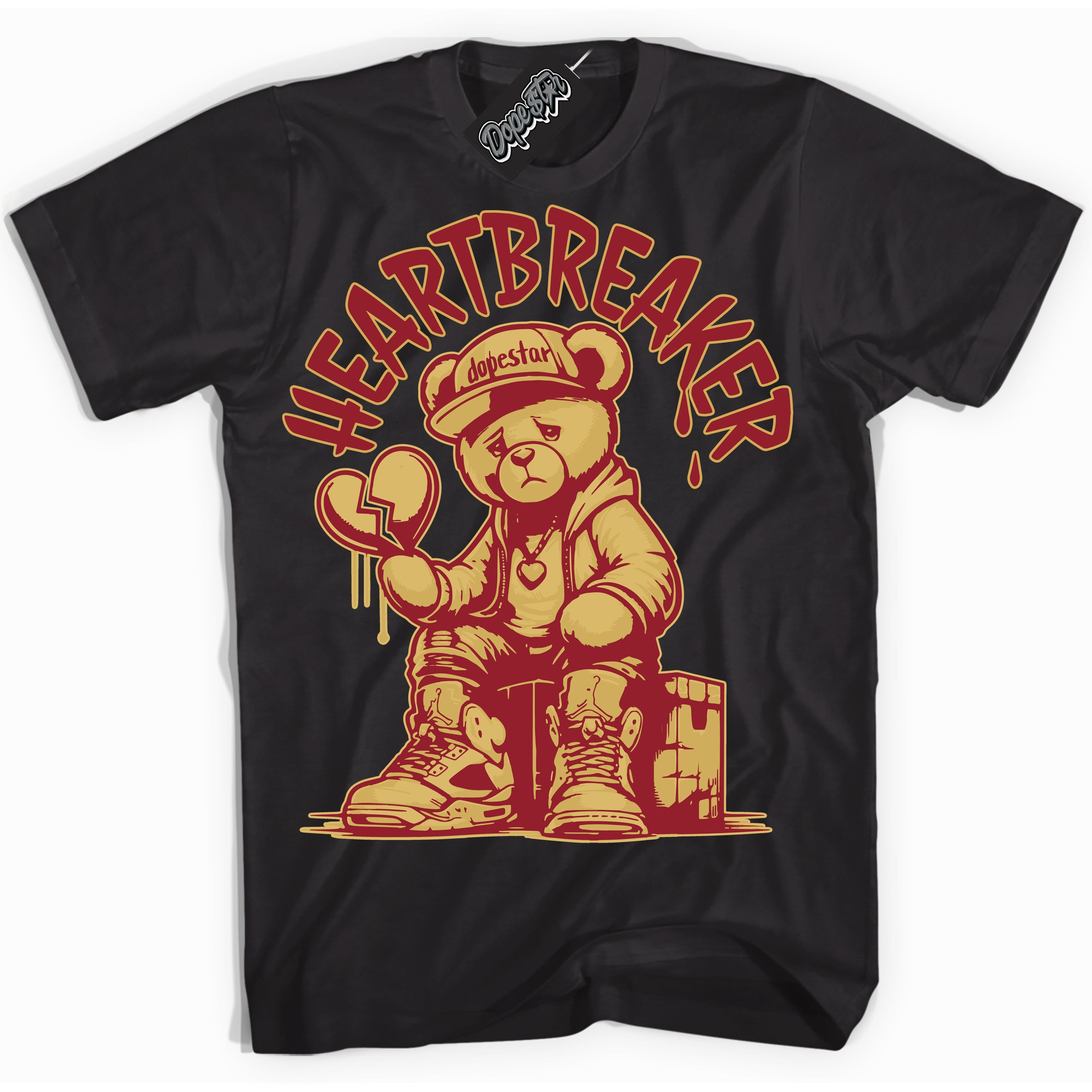 Cool Black Shirt with “ Heartbreaker Bear ” design that perfectly matches Method of Make Gym Red Metallic Gold 1s Jordans.
