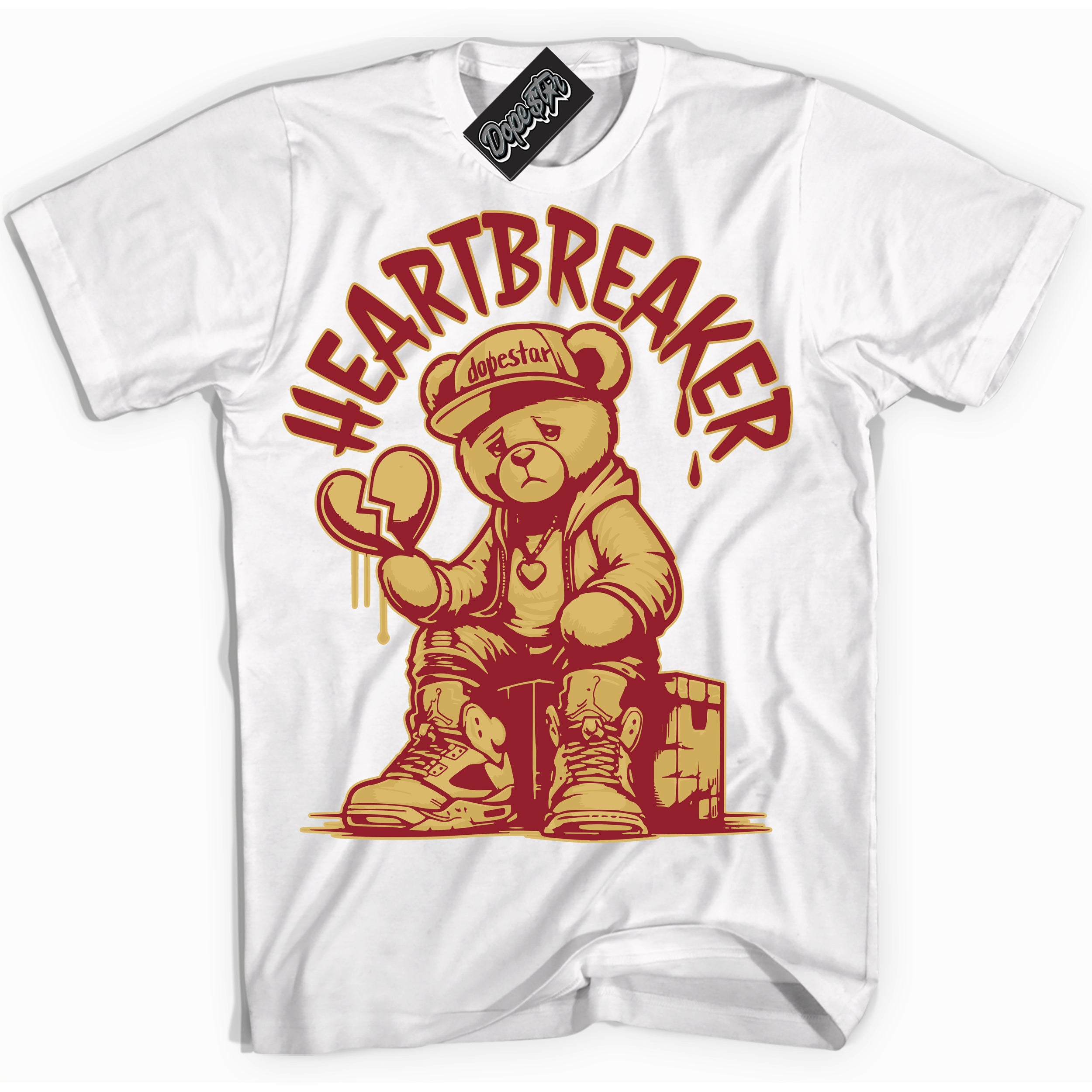 Cool White Shirt with “ Heartbreaker Bear ” design that perfectly matches Method of Make Gym Red Metallic Gold 1s Jordans.
