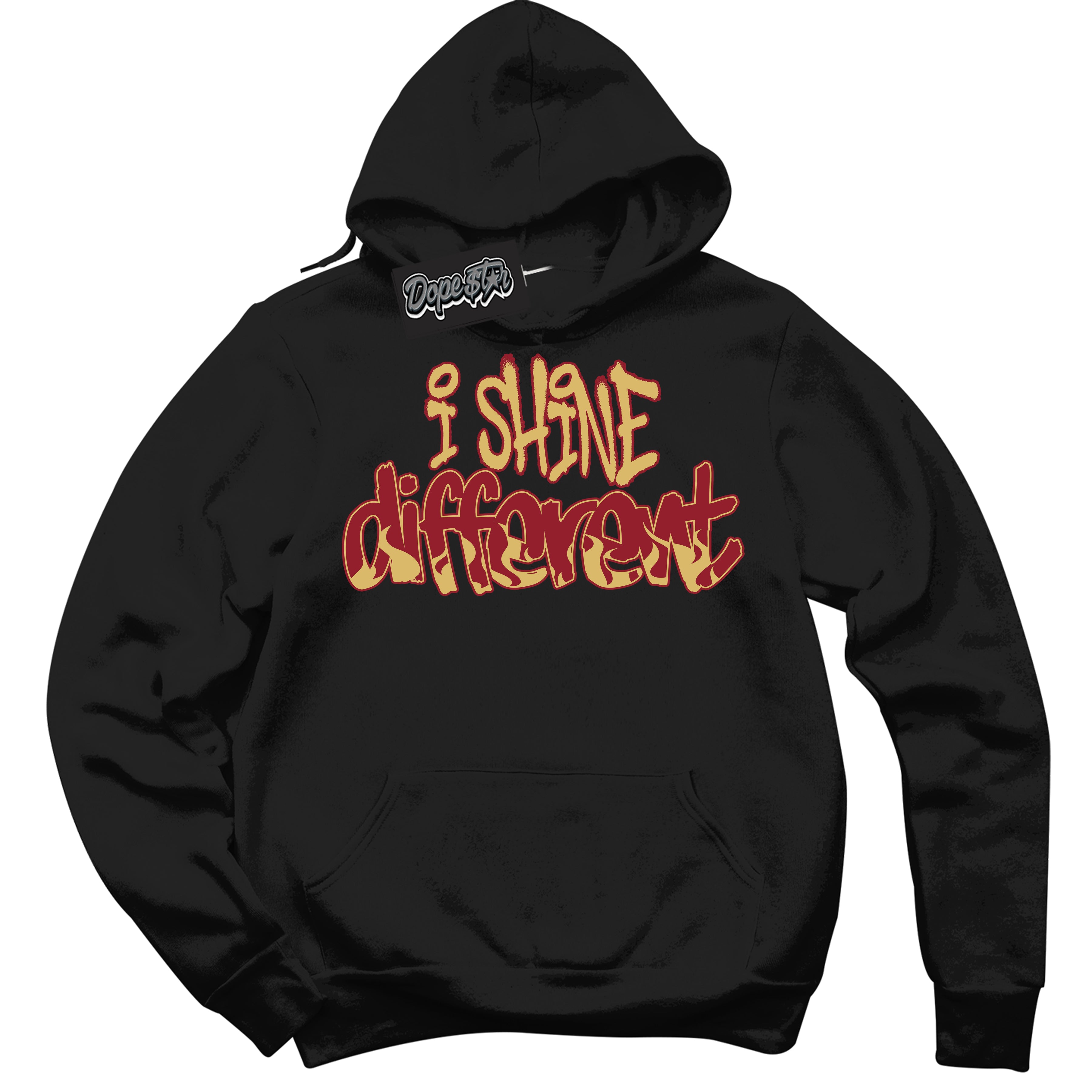 Cool Black Hoodie with “ I Shine Different ”  design that Perfectly Matches Method of Make Gym Red Metallic Gold 1s Jordans.
