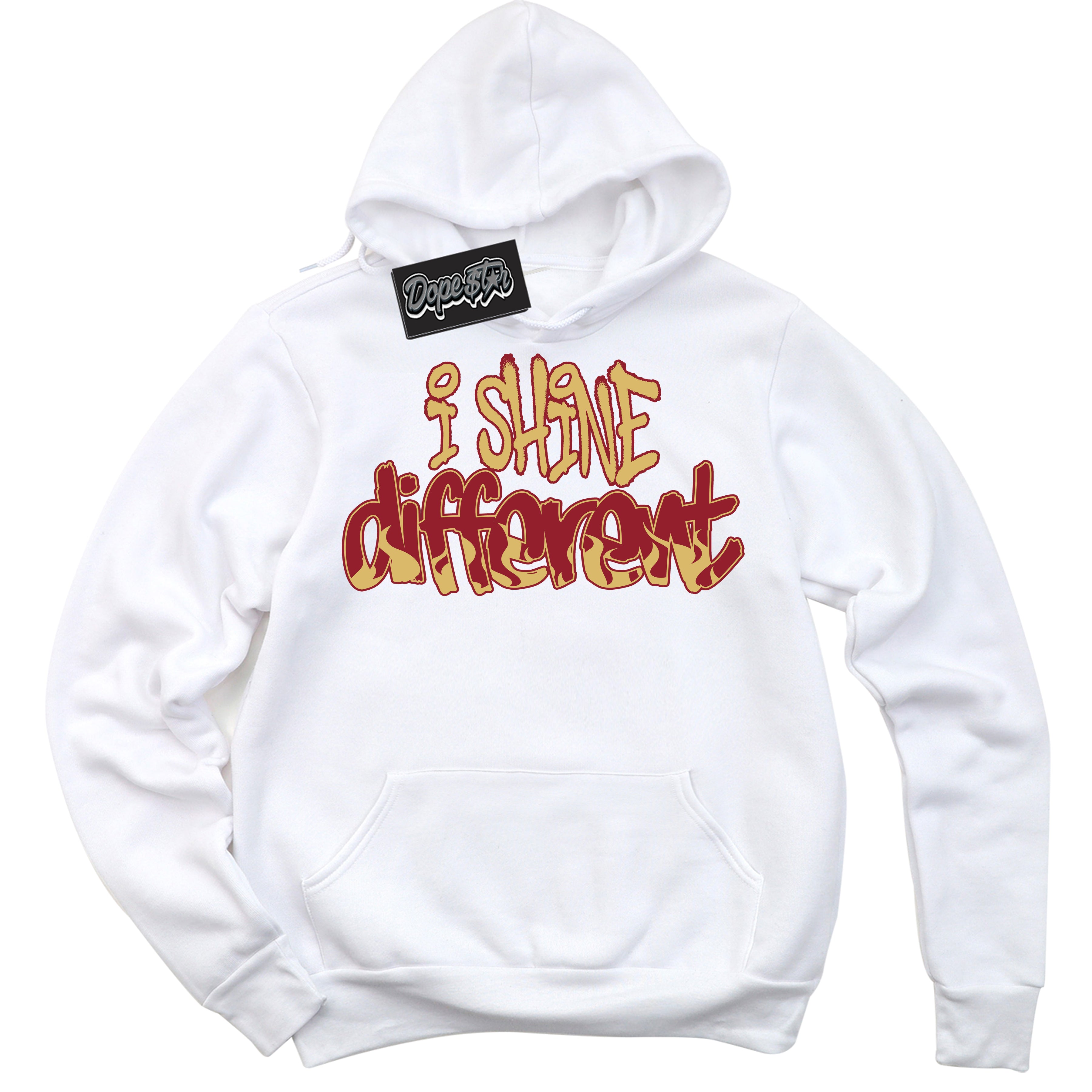 Cool White Hoodie with “ I Shine Different ”  design that Perfectly Matches Method of Make Gym Red Metallic Gold 1s Jordans.
