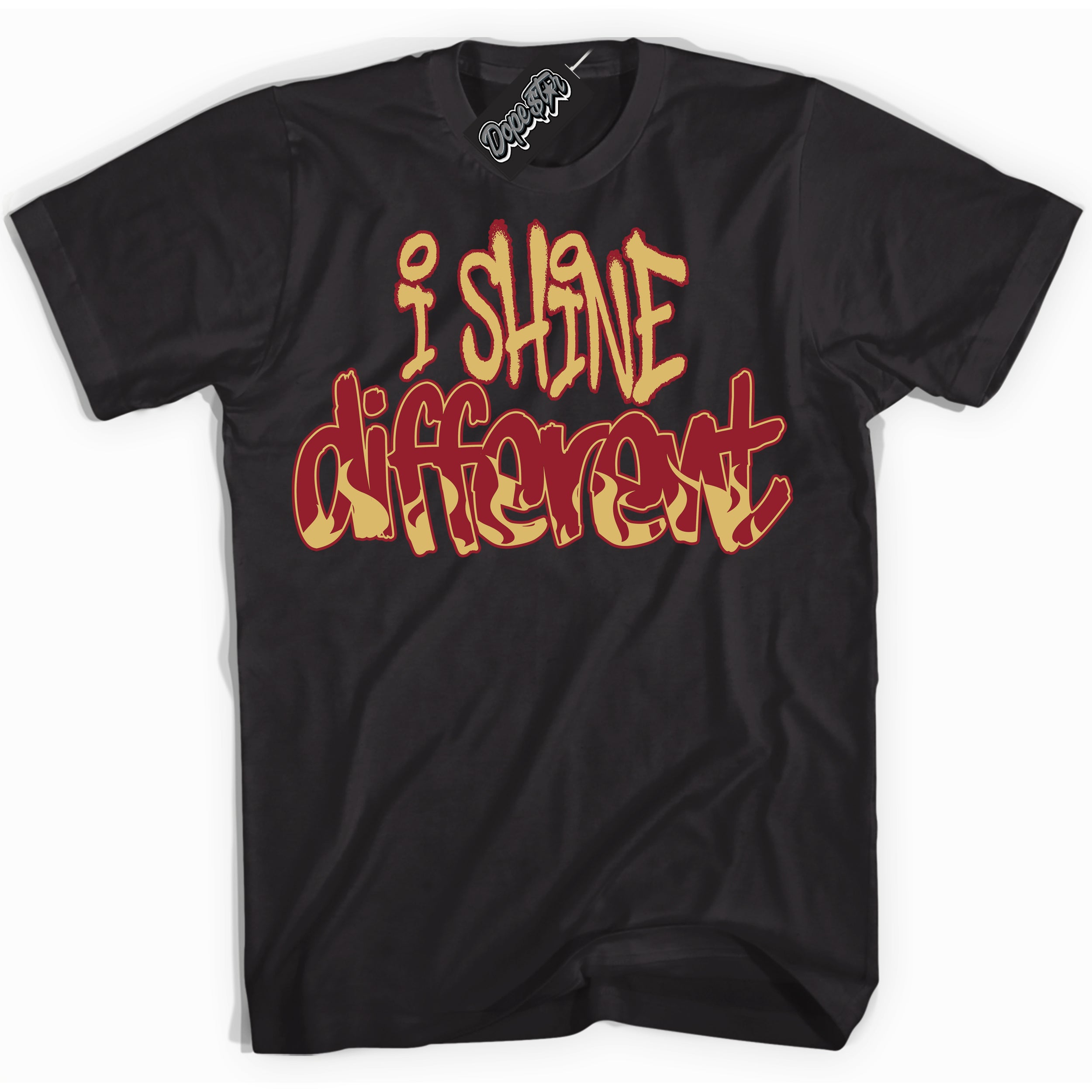 Cool Black Shirt with “ I Shine Different ” design that perfectly matches Method of Make Gym Red Metallic Gold 1s Jordans.
