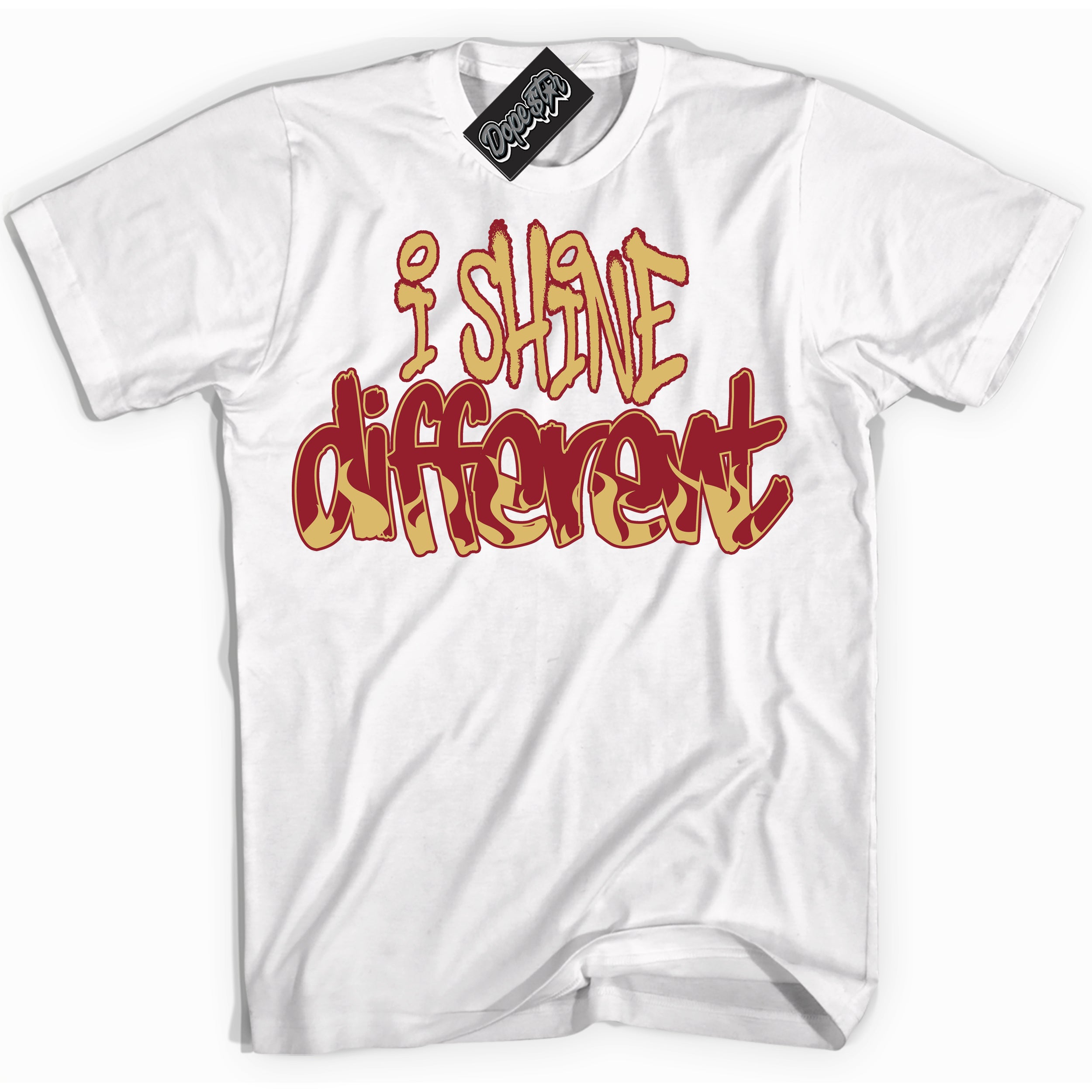 Cool White Shirt with “ I Shine Different ” design that perfectly matches Method of Make Gym Red Metallic Gold 1s Jordans.
