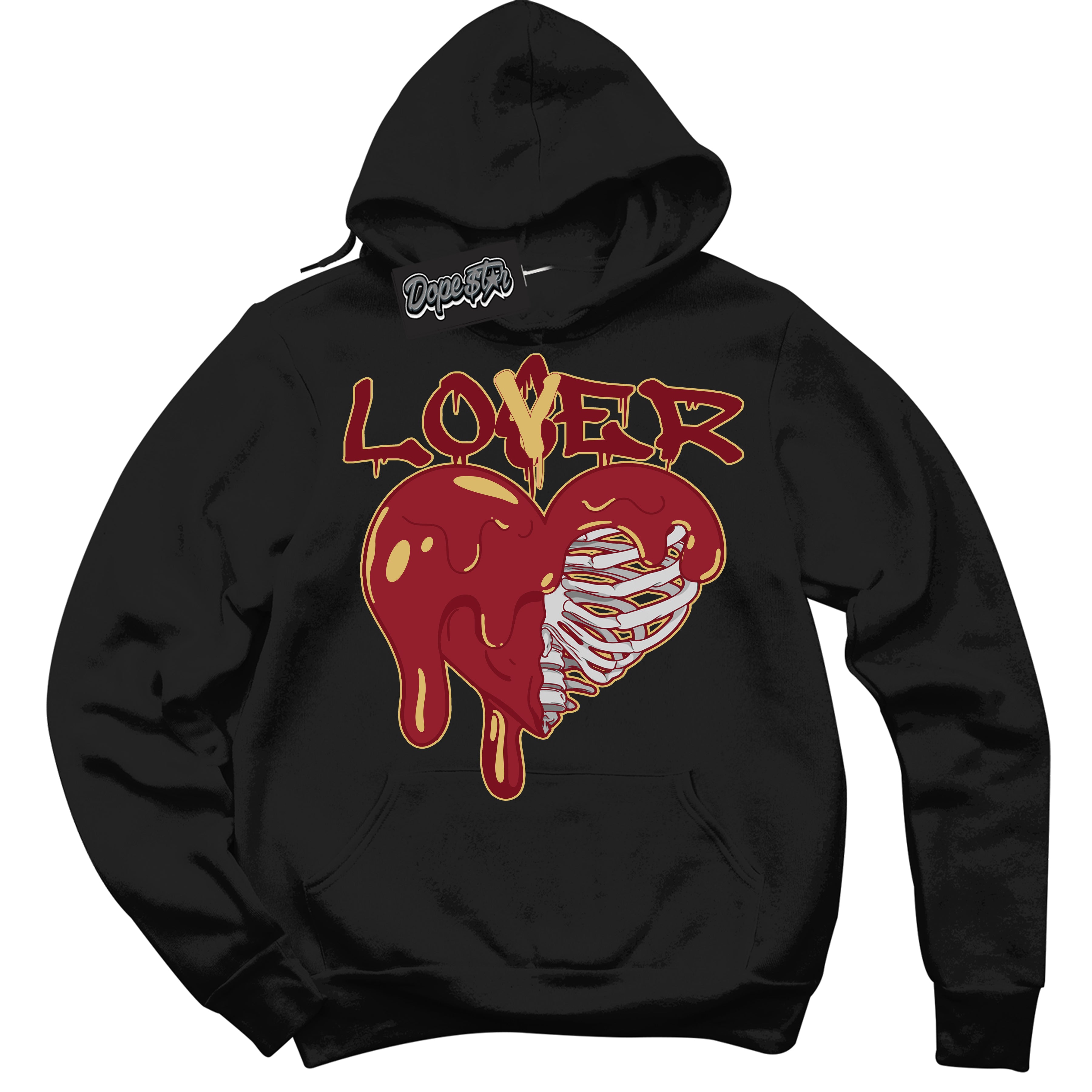 Cool Black Hoodie with “ Lover Loser ”  design that Perfectly Matches Method of Make Gym Red Metallic Gold 1s Jordans.
