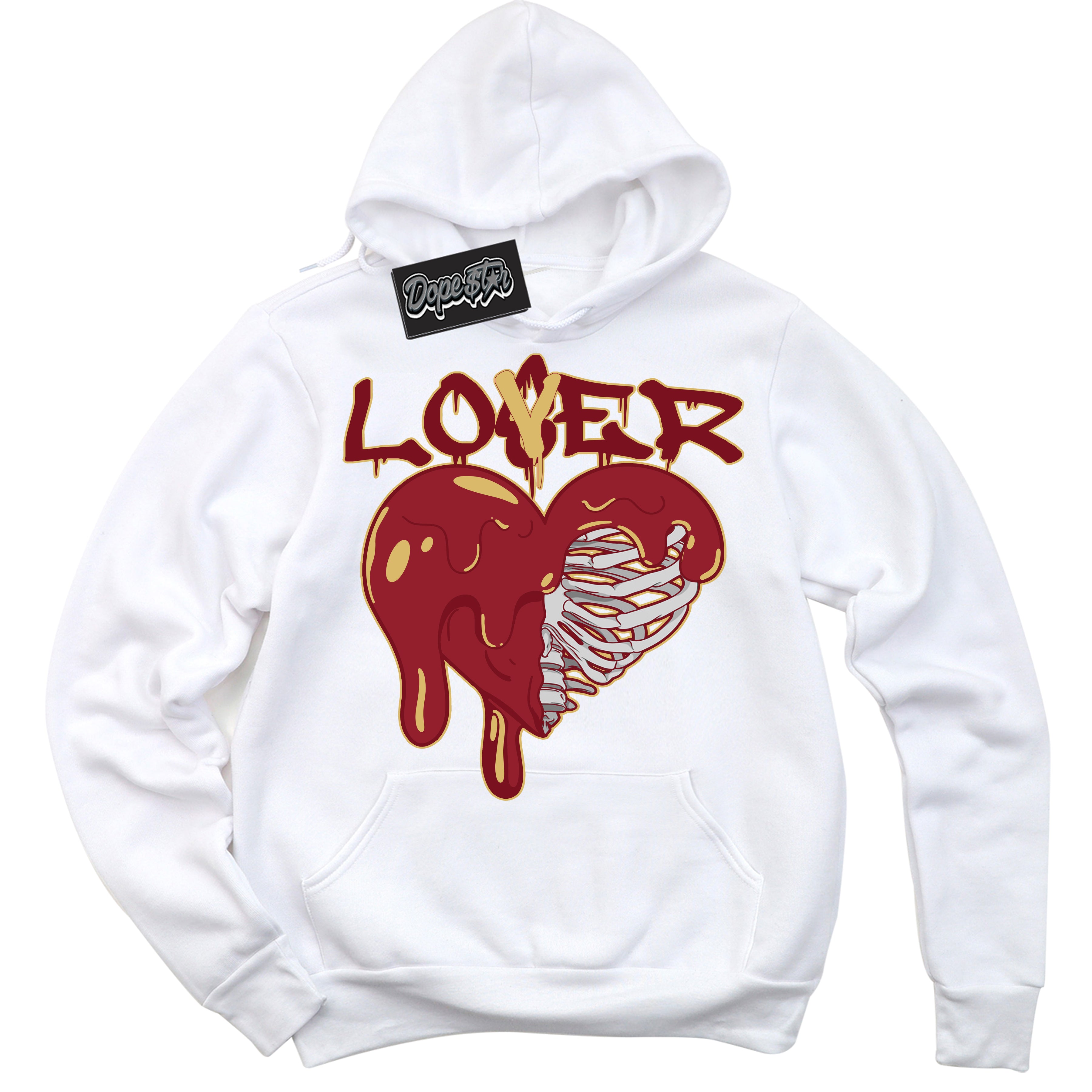 Cool White Hoodie with “ Lover Loser ”  design that Perfectly Matches Method of Make Gym Red Metallic Gold 1s Jordans.
