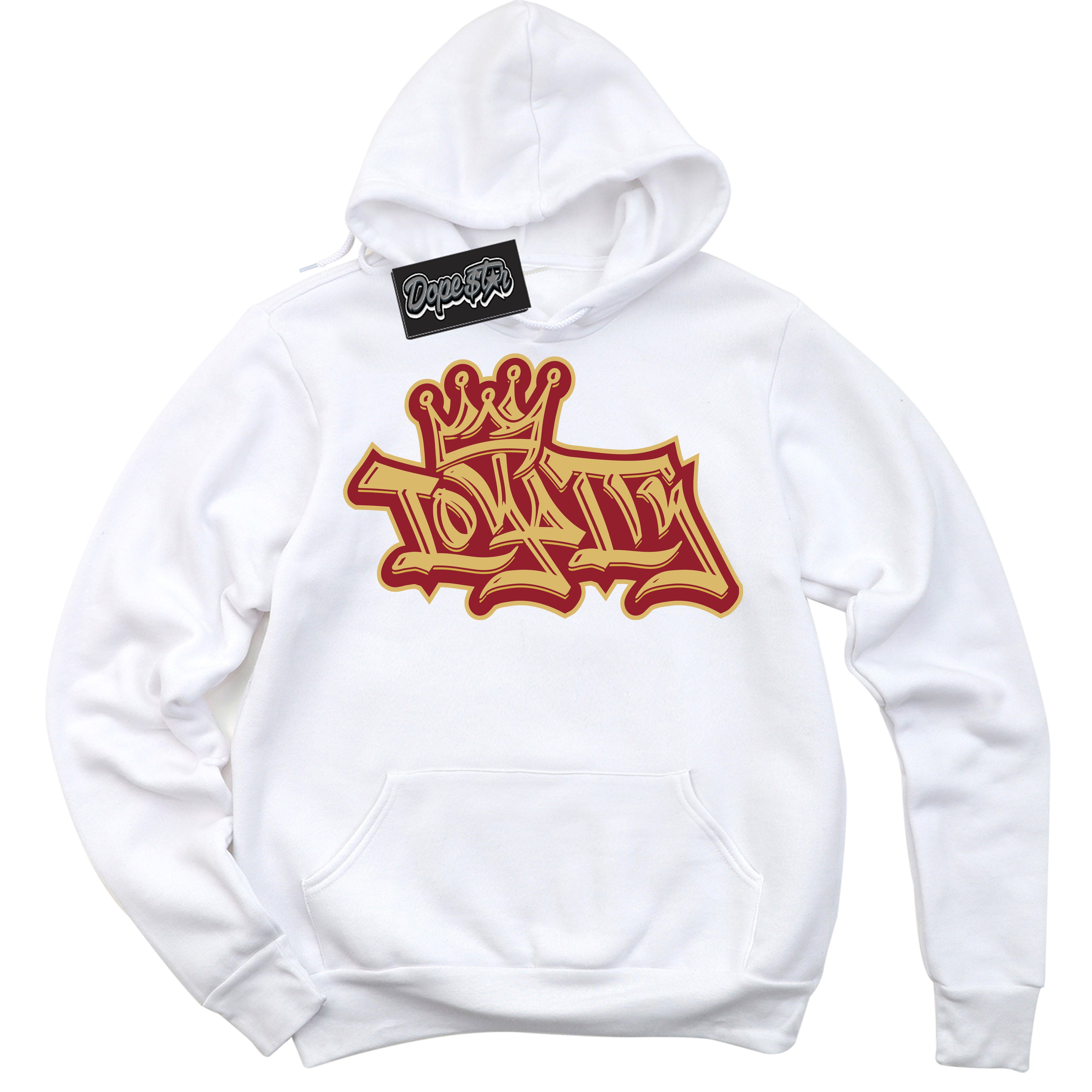 Cool White Hoodie with “ Loyalty Crown ”  design that Perfectly Matches Method of Make Gym Red Metallic Gold 1s Jordans.
