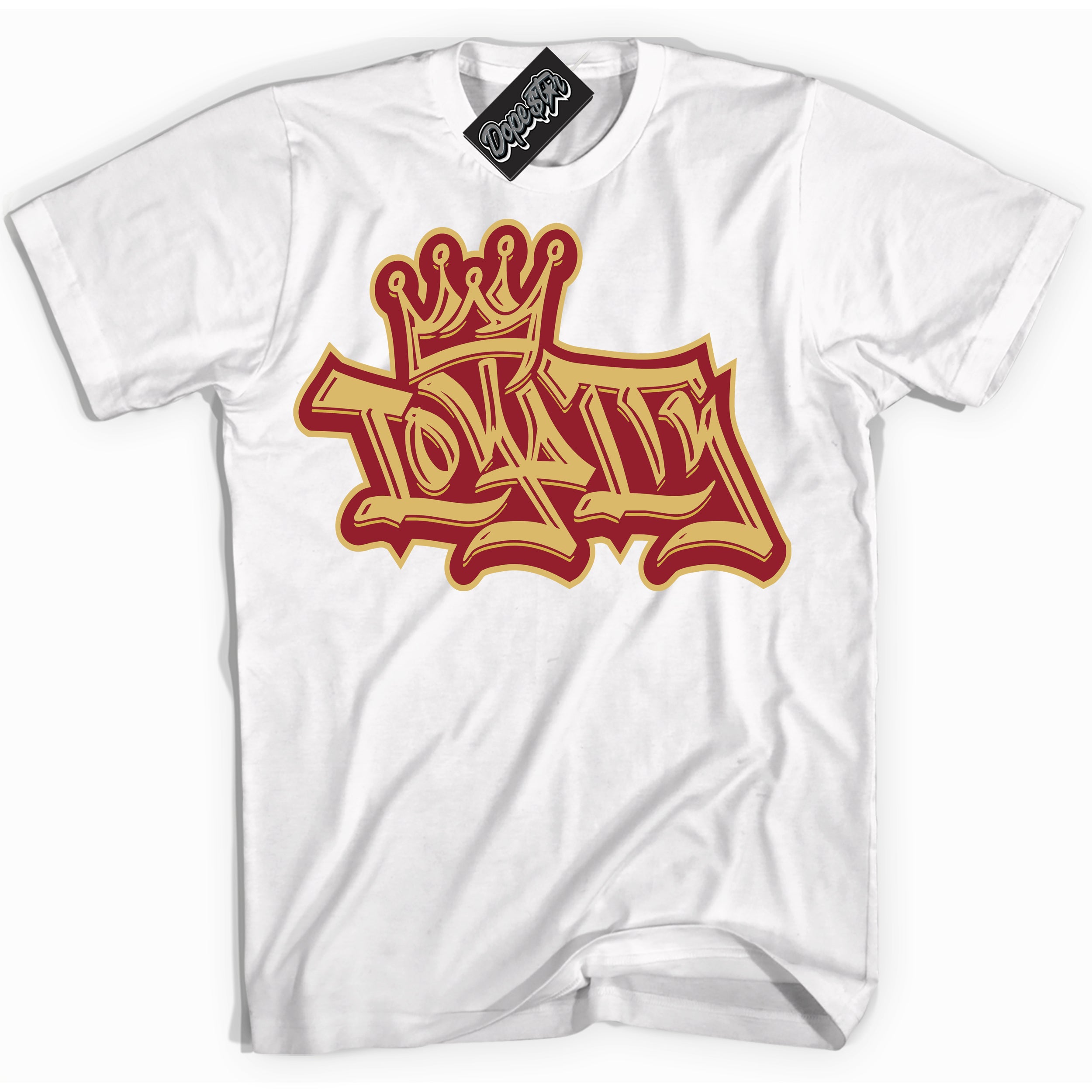 Cool White Shirt with “ Loyalty Crown ” design that perfectly matches Method of Make Gym Red Metallic Gold 1s Jordans.
