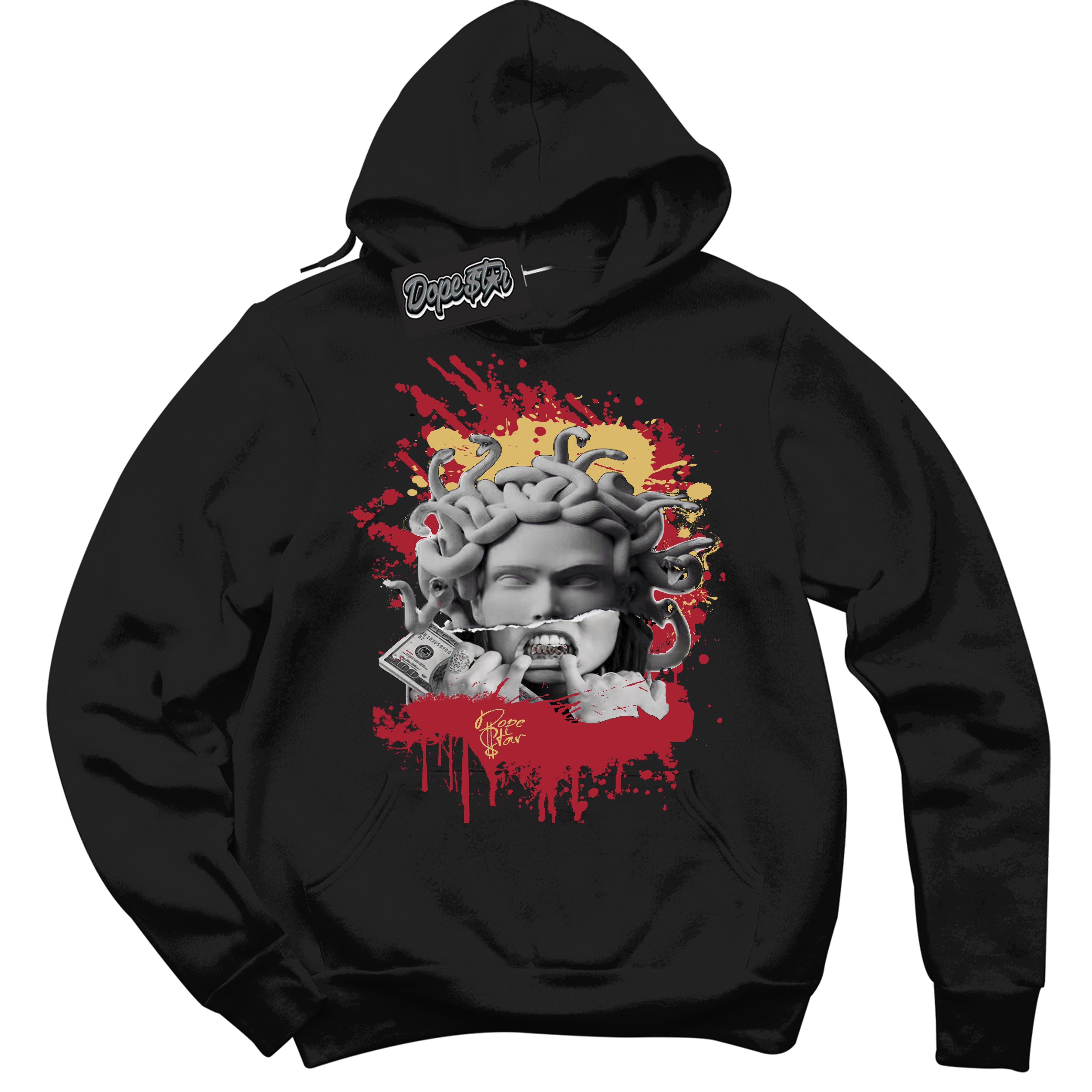 Cool Black Hoodie with “ Medusa ”  design that Perfectly Matches Method of Make Gym Red Metallic Gold 1s Jordans.
