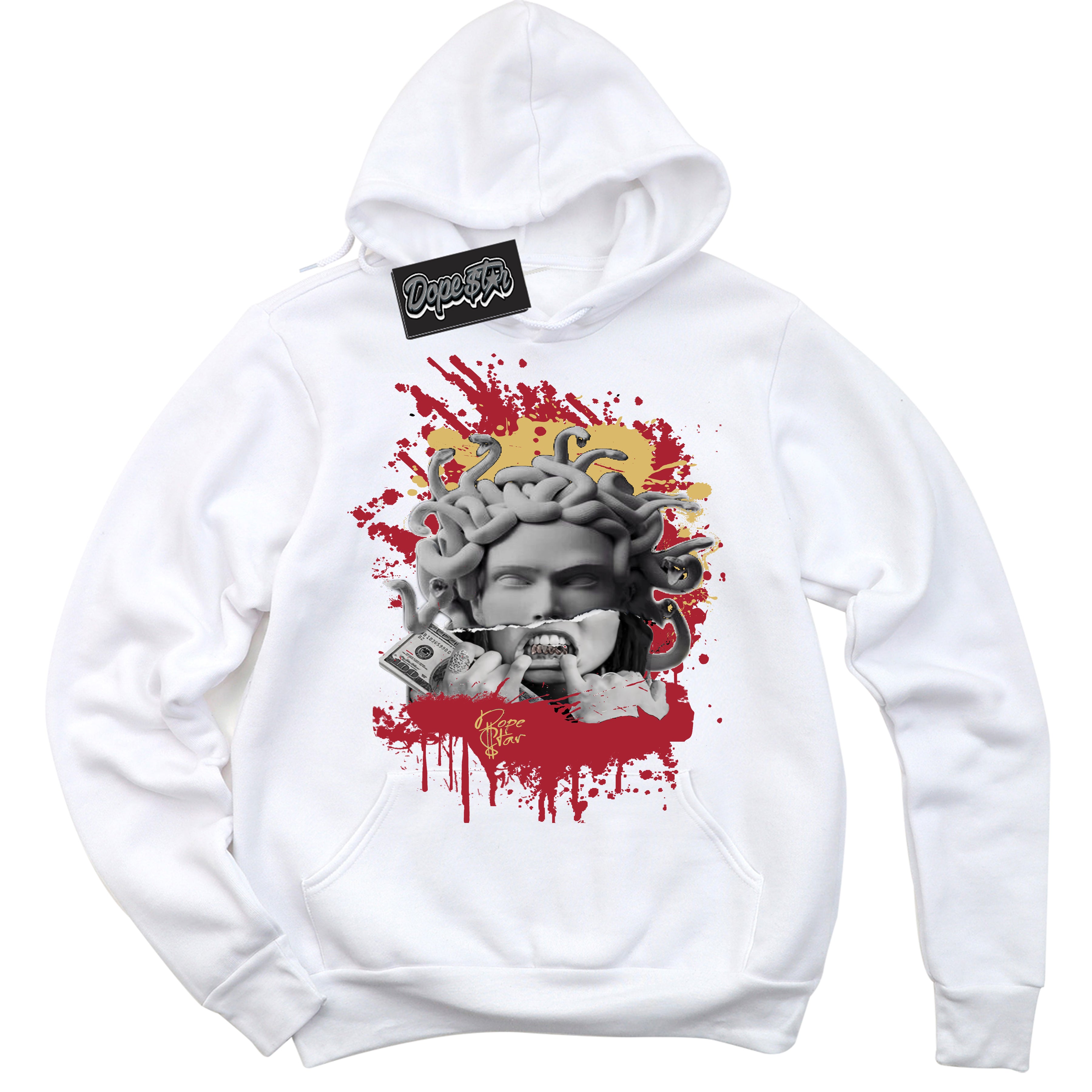 Cool White Hoodie with “ Medusa ”  design that Perfectly Matches Method of Make Gym Red Metallic Gold 1s Jordans.
