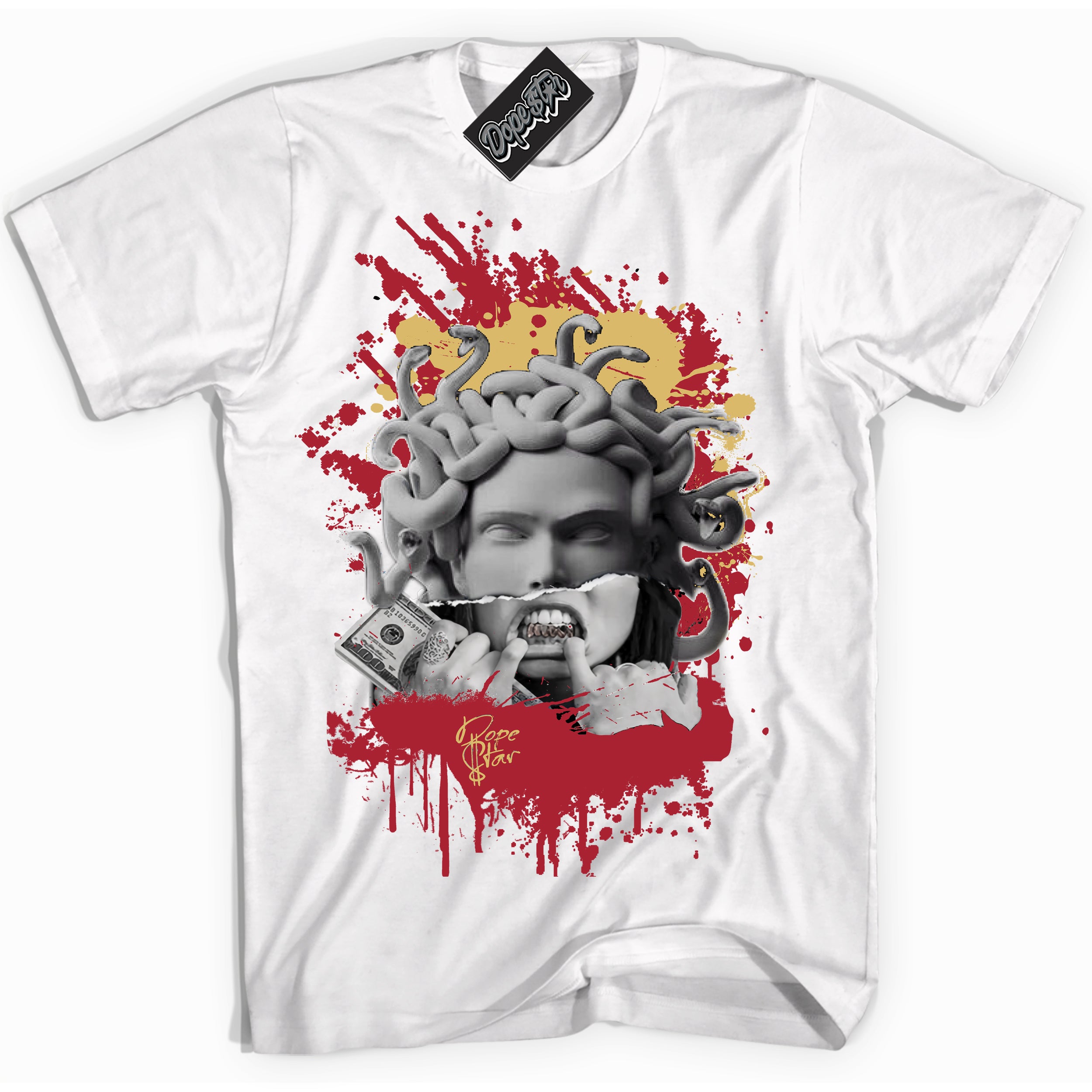 Cool White Shirt with “ Medusa ” design that perfectly matches Method of Make Gym Red Metallic Gold 1s Jordans.
