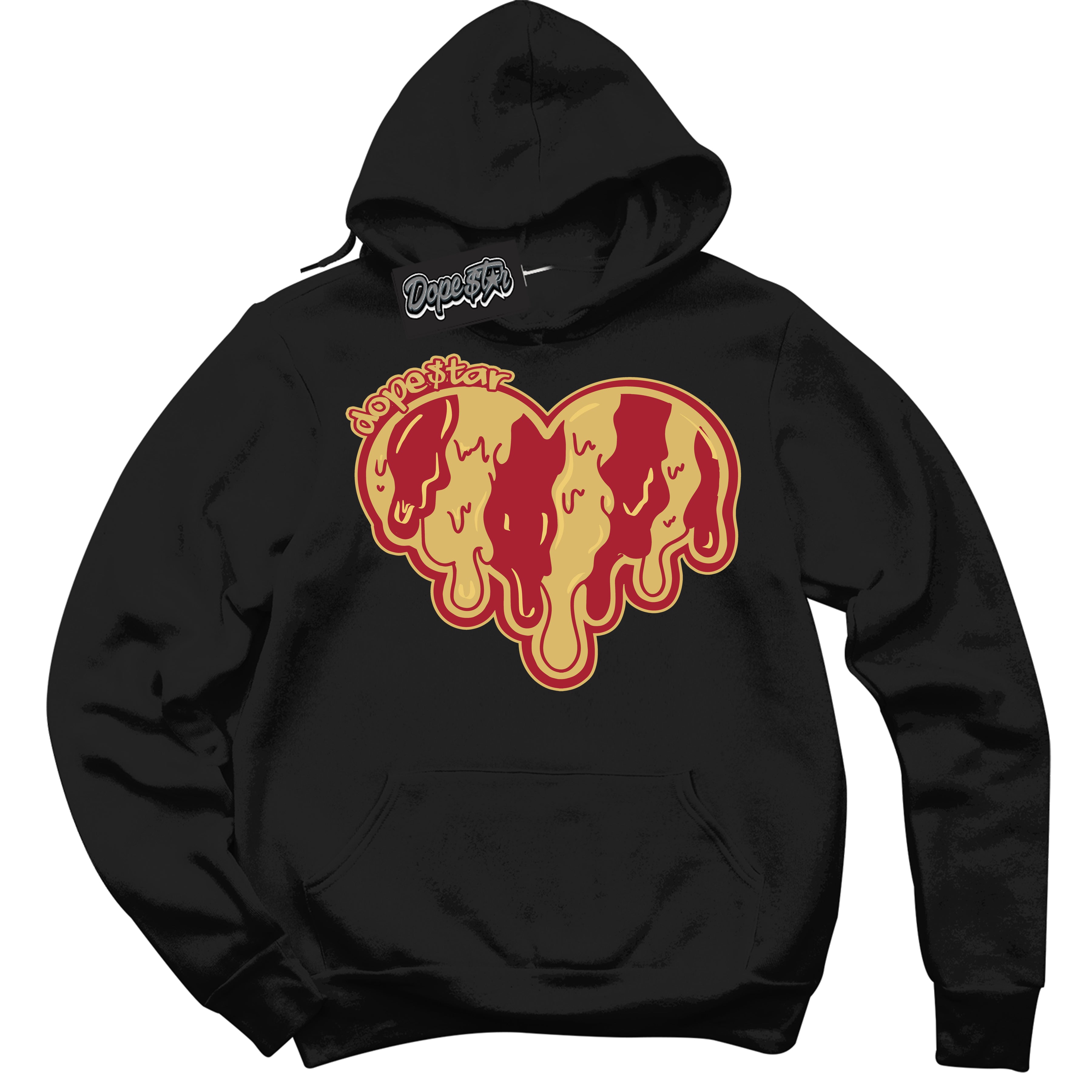 Cool Black Hoodie with “ Melting Heart ”  design that Perfectly Matches Method of Make Gym Red Metallic Gold 1s Jordans.
