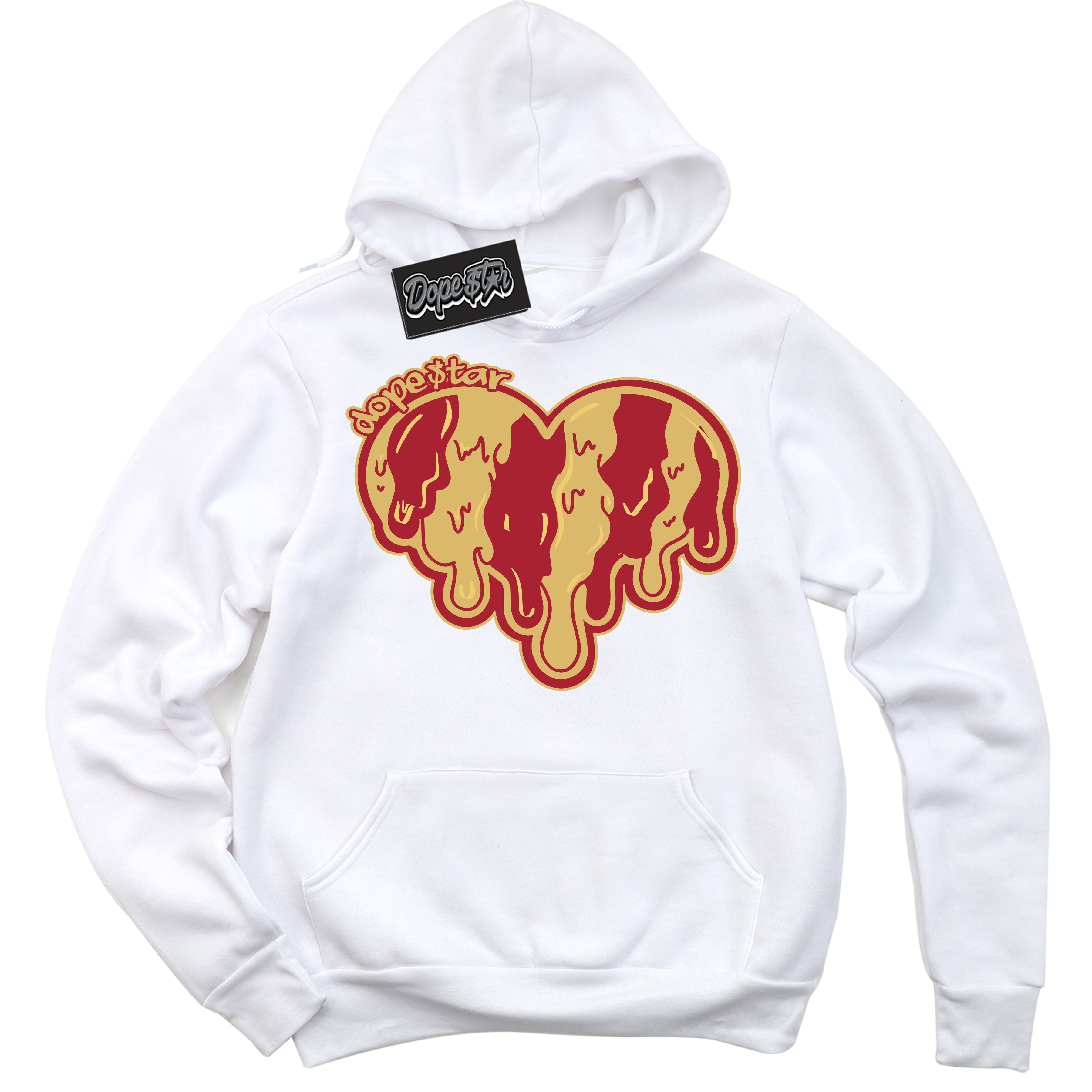 Cool White Hoodie with “ Melting Heart ”  design that Perfectly Matches Method of Make Gym Red Metallic Gold 1s Jordans.
