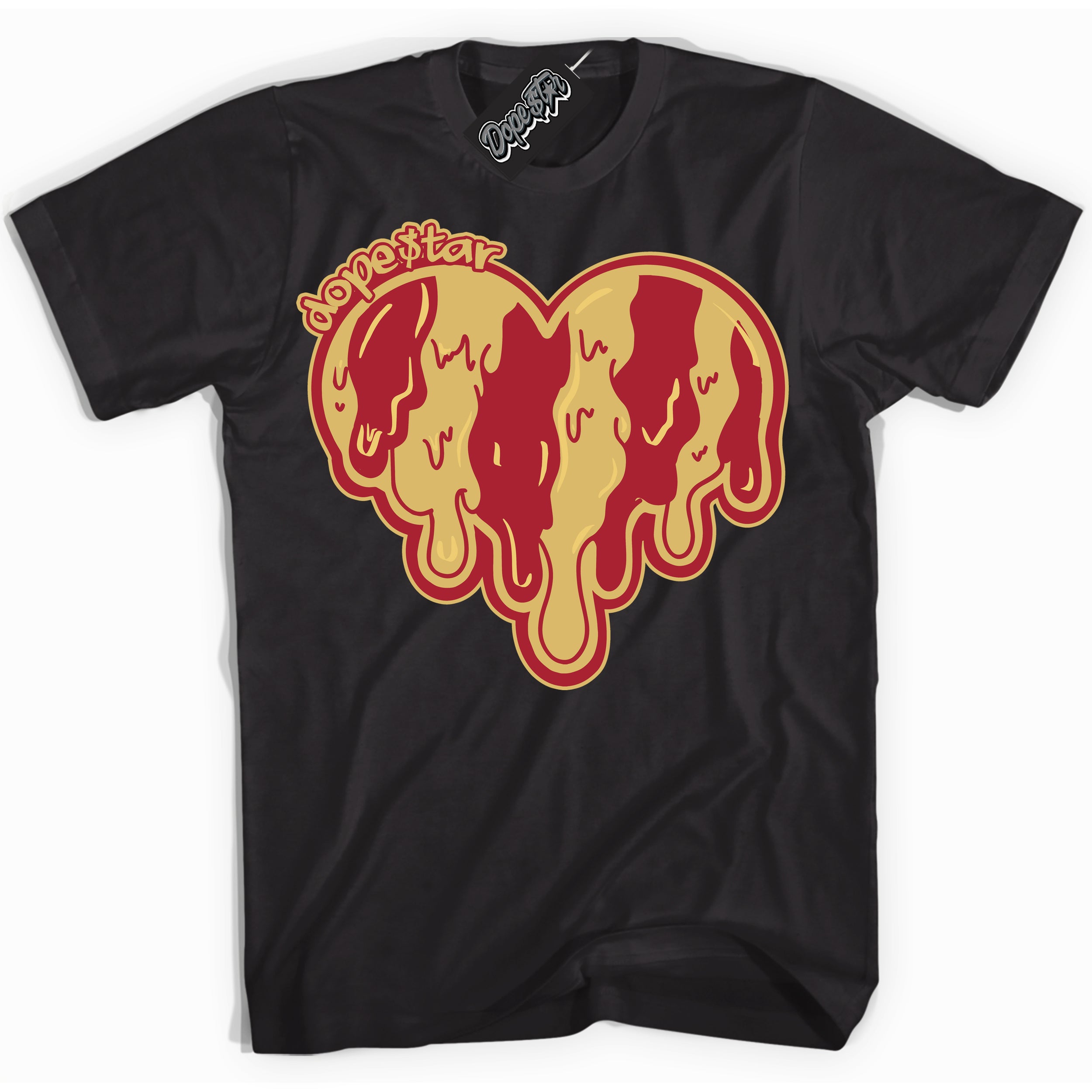 Cool Black Shirt with “ Melting Heart ” design that perfectly matches Method of Make Gym Red Metallic Gold 1s Jordans.
