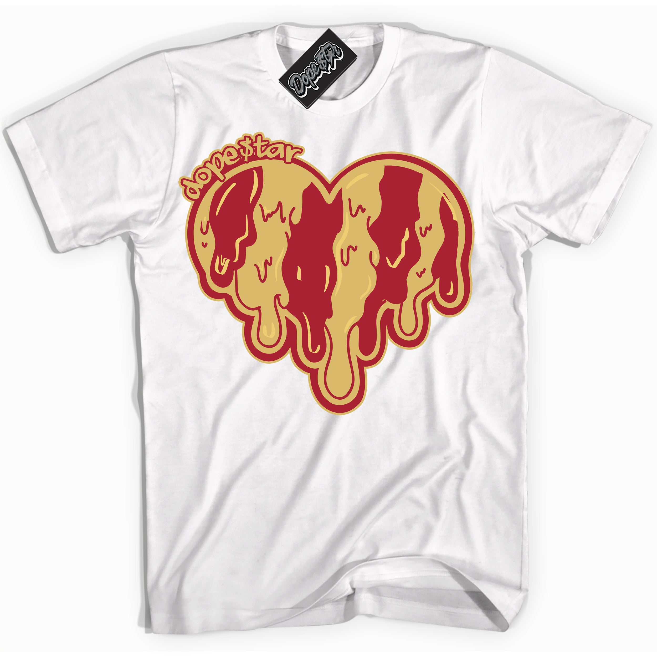 Cool White Shirt with “ Melting Heart ” design that perfectly matches Method of Make Gym Red Metallic Gold 1s Jordans.
