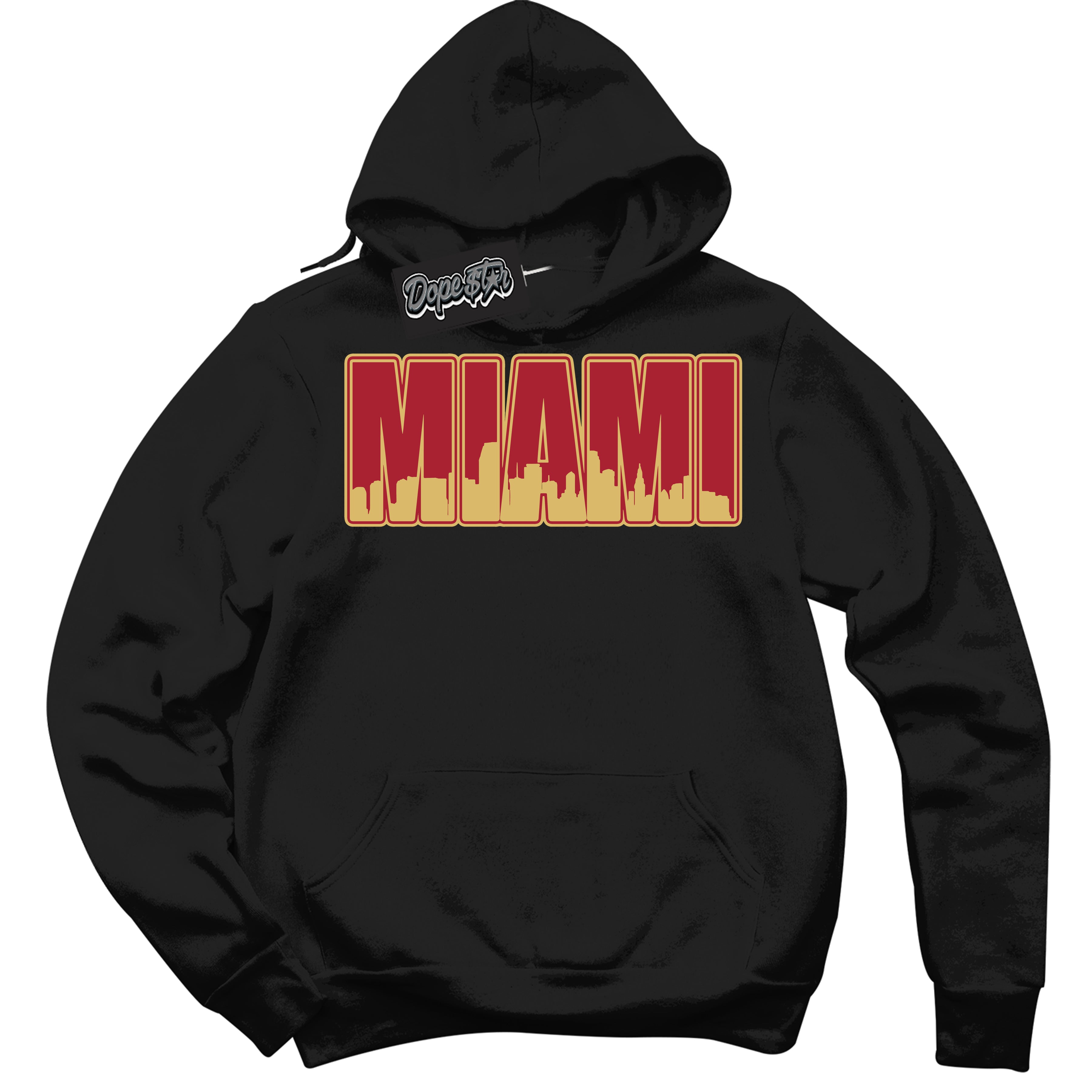 Cool Black Hoodie with “ Miami ”  design that Perfectly Matches Method of Make Gym Red Metallic Gold 1s Jordans.
