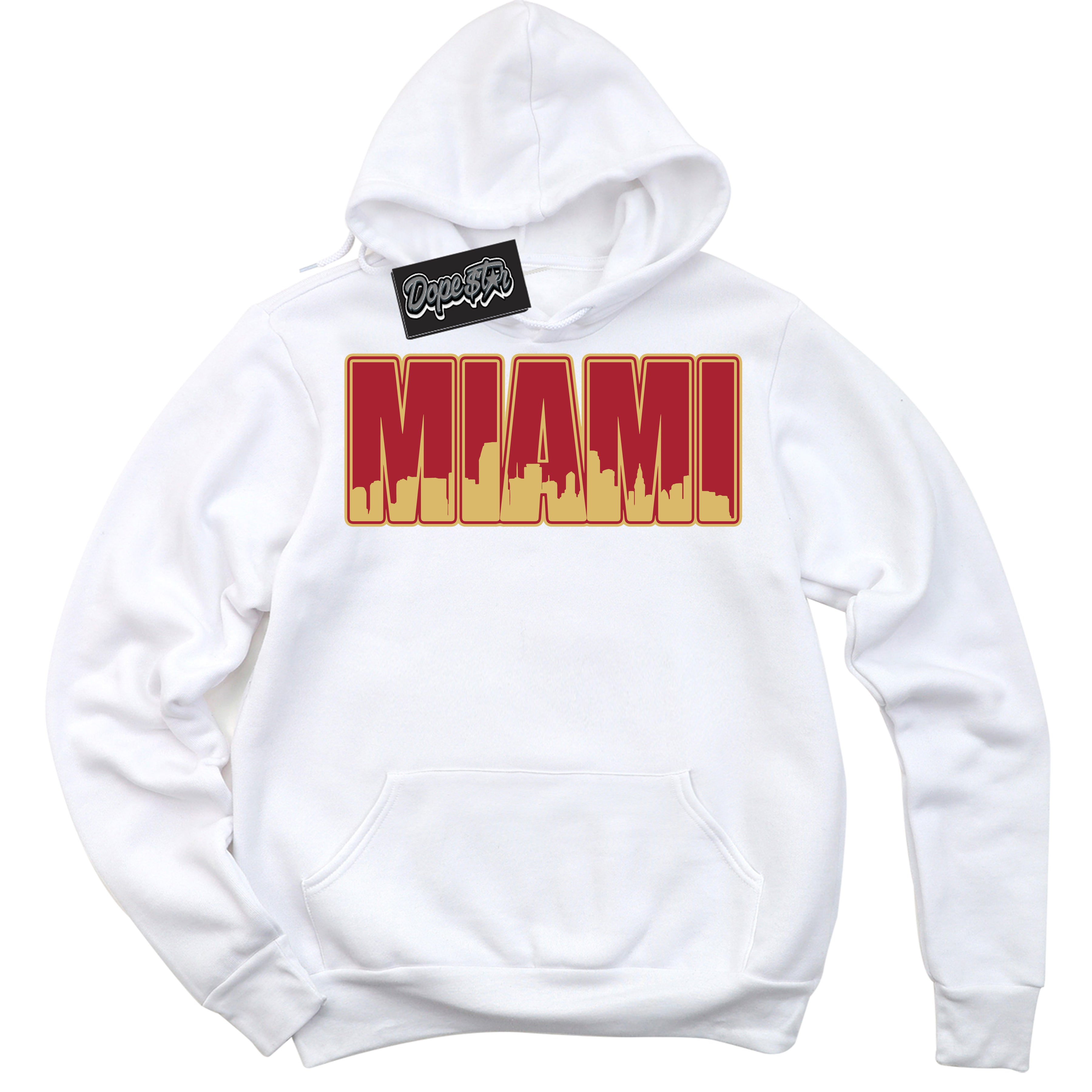 Cool White Hoodie with “ Miami ”  design that Perfectly Matches Method of Make Gym Red Metallic Gold 1s Jordans.
