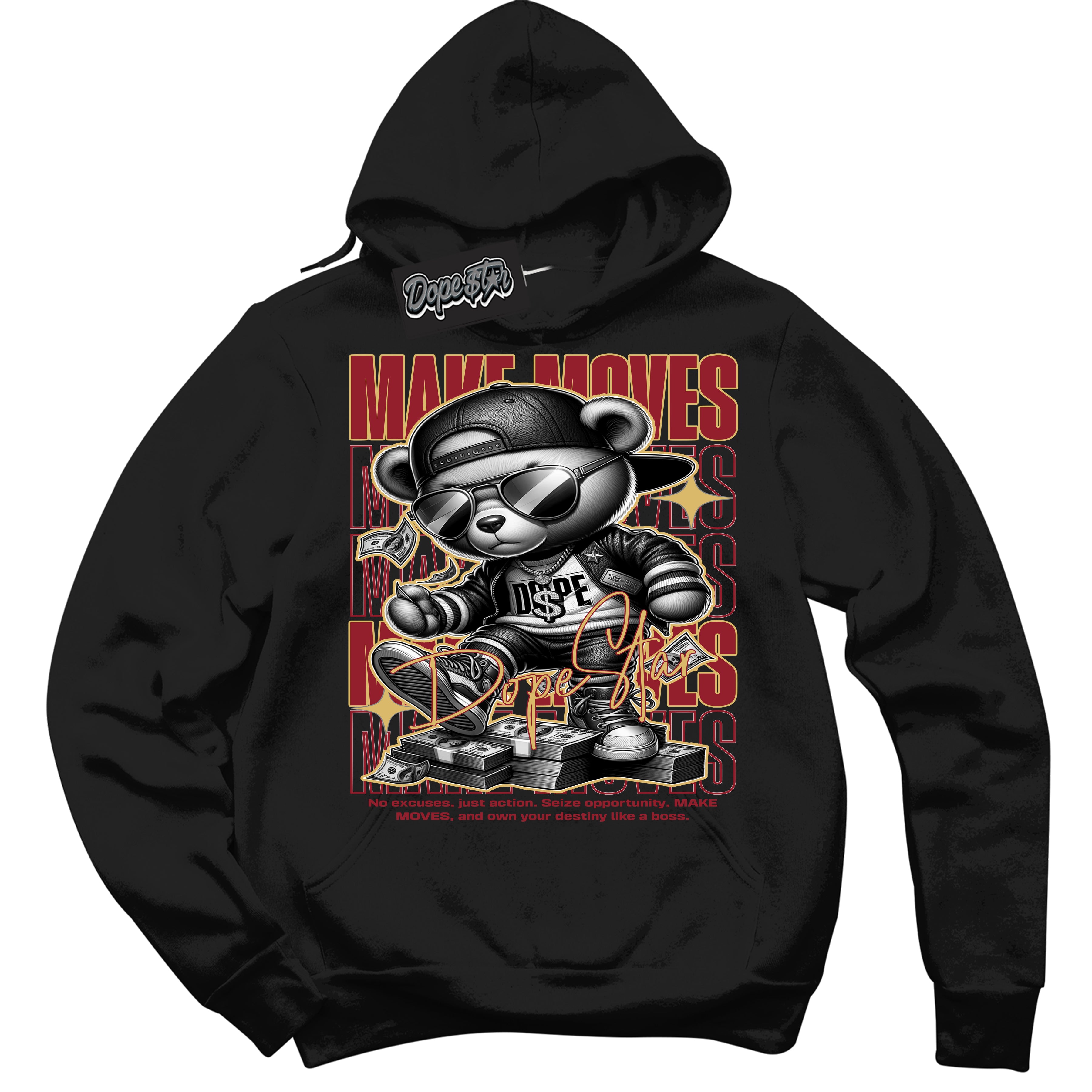 Cool Black Hoodie with “ Make Moves ”  design that Perfectly Matches Method of Make Gym Red Metallic Gold 1s Jordans.
