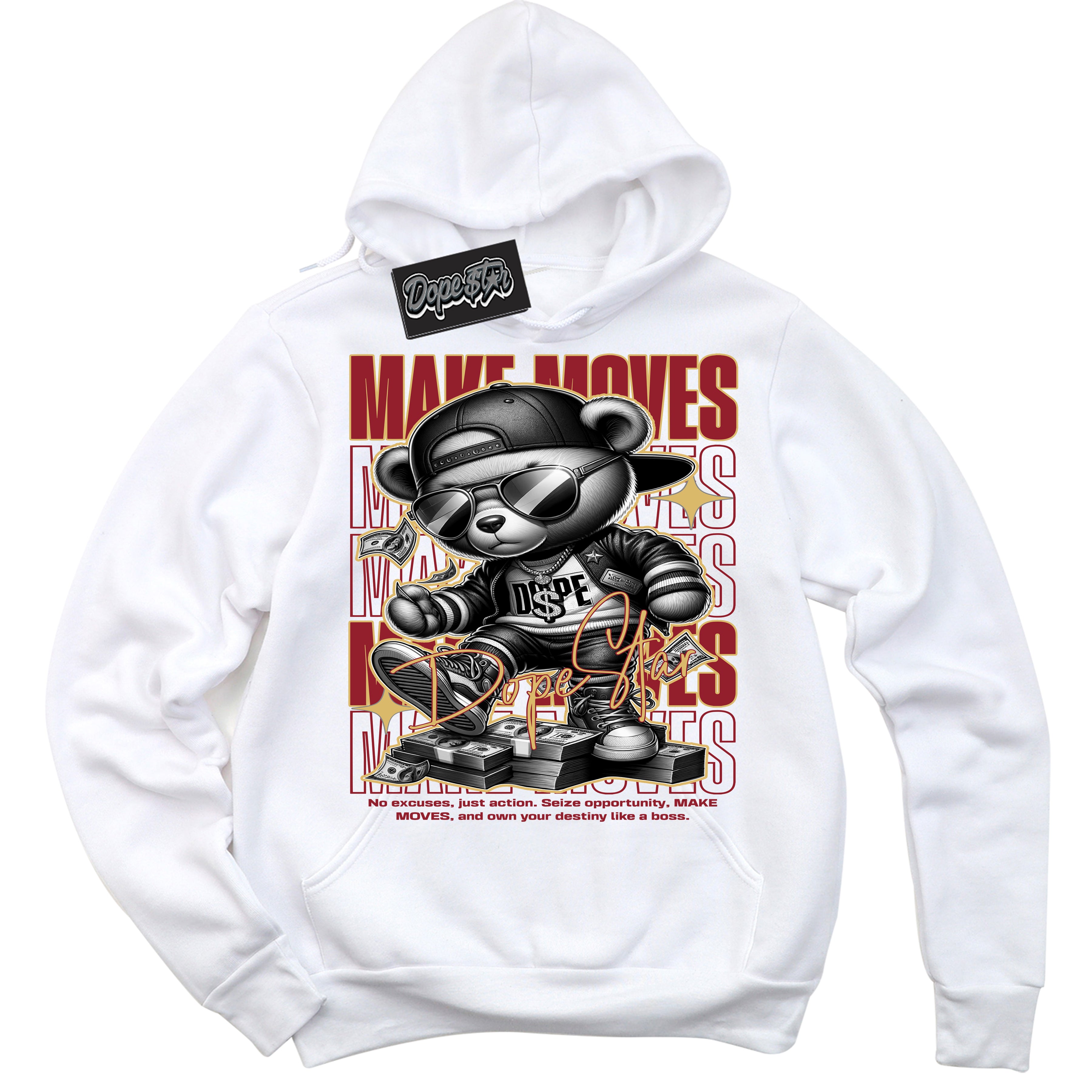 Cool White Hoodie with “ Make Moves ”  design that Perfectly Matches Method of Make Gym Red Metallic Gold 1s Jordans.
