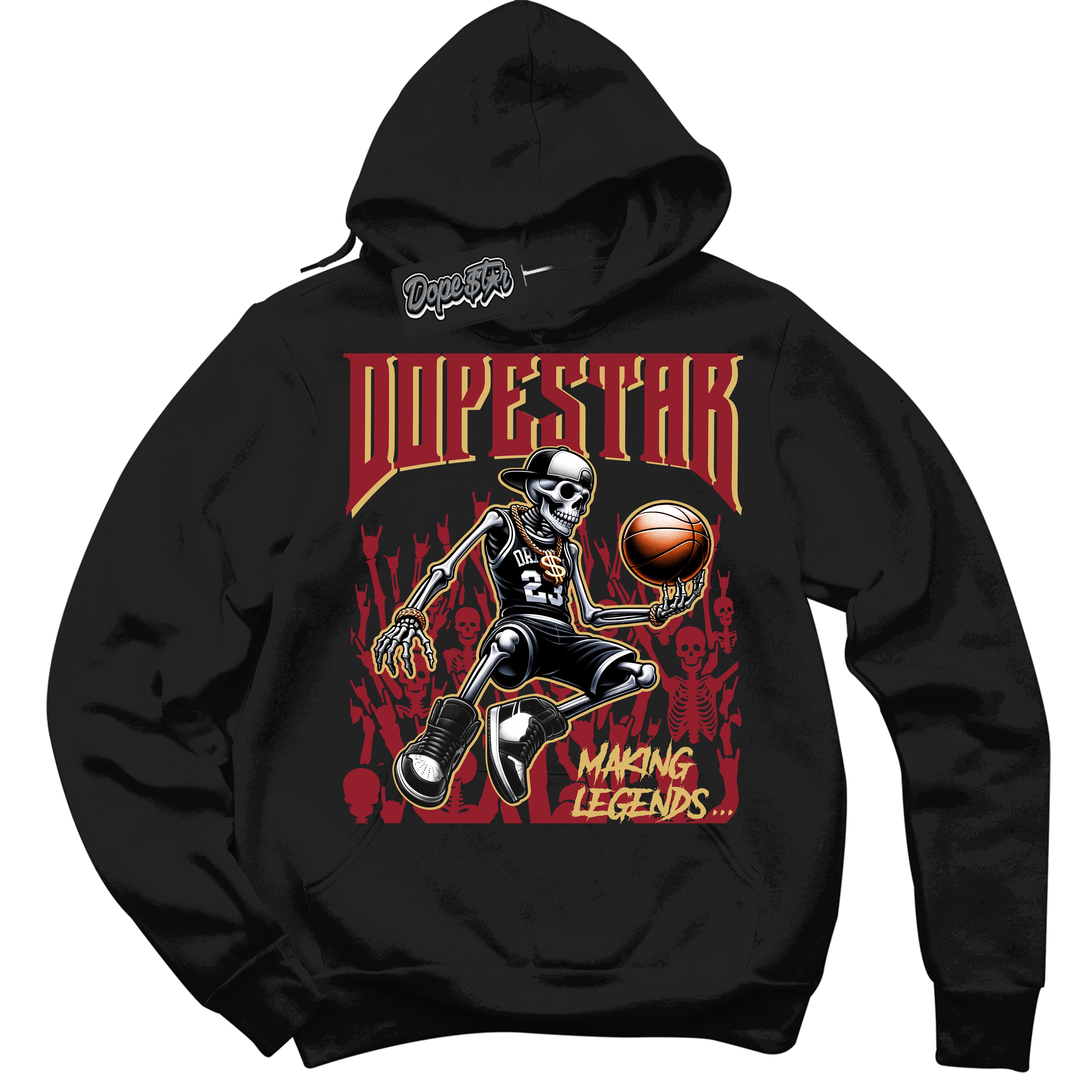 Cool Black Hoodie with “ Making Legends ”  design that Perfectly Matches Method of Make Gym Red Metallic Gold 1s Jordans.
