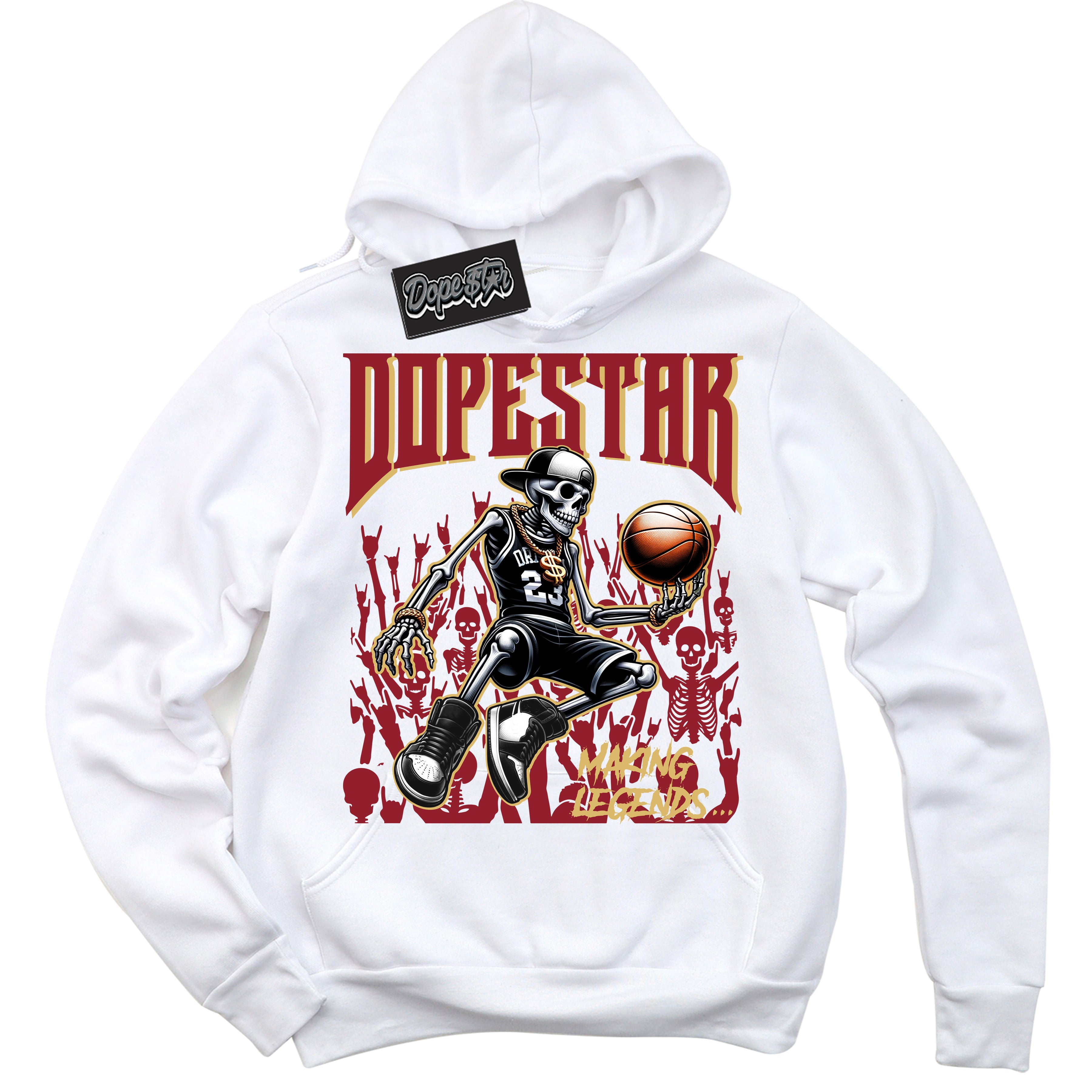 Cool White Hoodie with “ Making Legends ”  design that Perfectly Matches Method of Make Gym Red Metallic Gold 1s Jordans.
