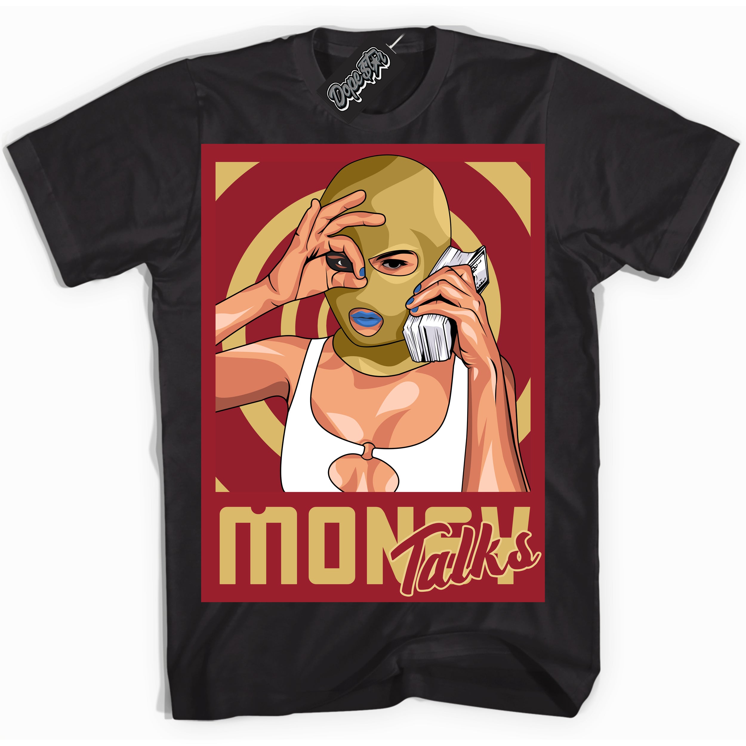 Cool Black Shirt with “ Money Talks ” design that perfectly matches Method of Make Gym Red Metallic Gold 1s Jordans.
