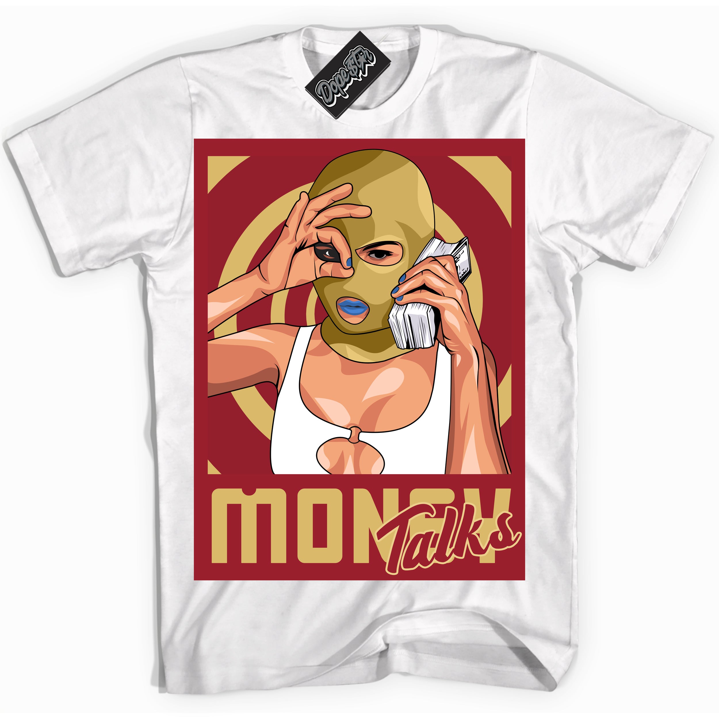 Cool White Shirt with “ Money Talks ” design that perfectly matches Method of Make Gym Red Metallic Gold 1s Jordans.
