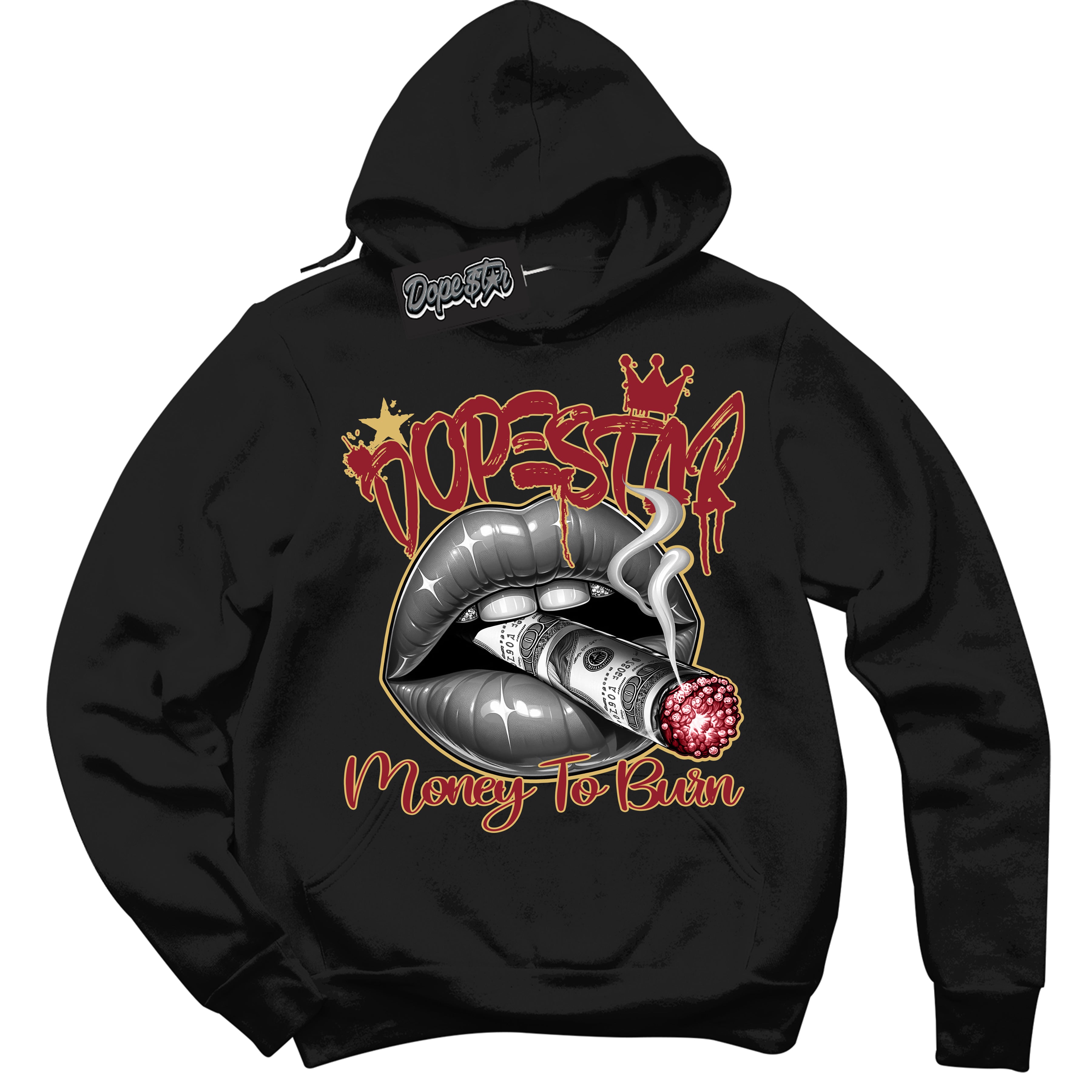 Cool Black Hoodie with “ Money To Burn ”  design that Perfectly Matches Method of Make Gym Red Metallic Gold 1s Jordans.
