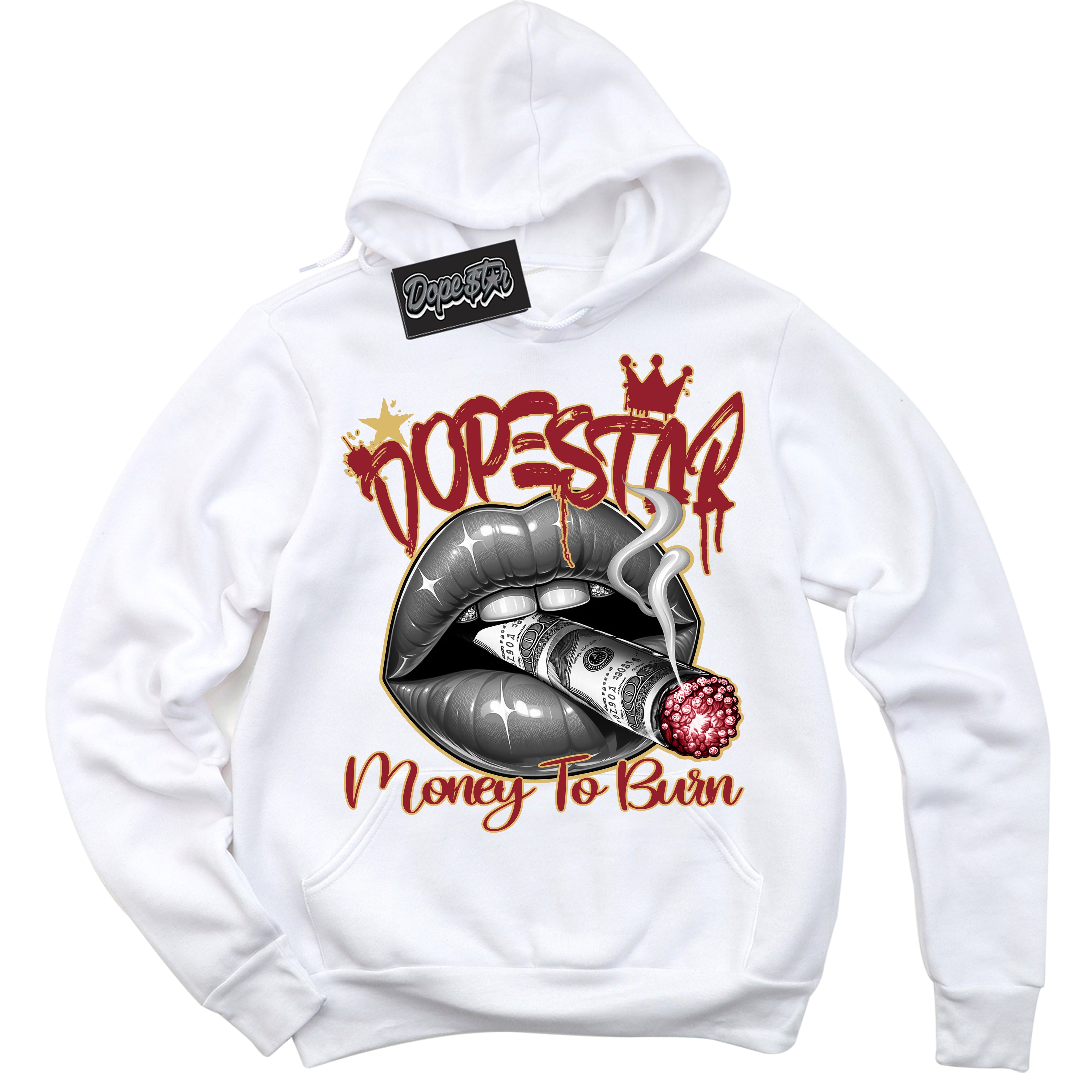 Cool White Hoodie with “ Money To Burn ”  design that Perfectly Matches Method of Make Gym Red Metallic Gold 1s Jordans.
