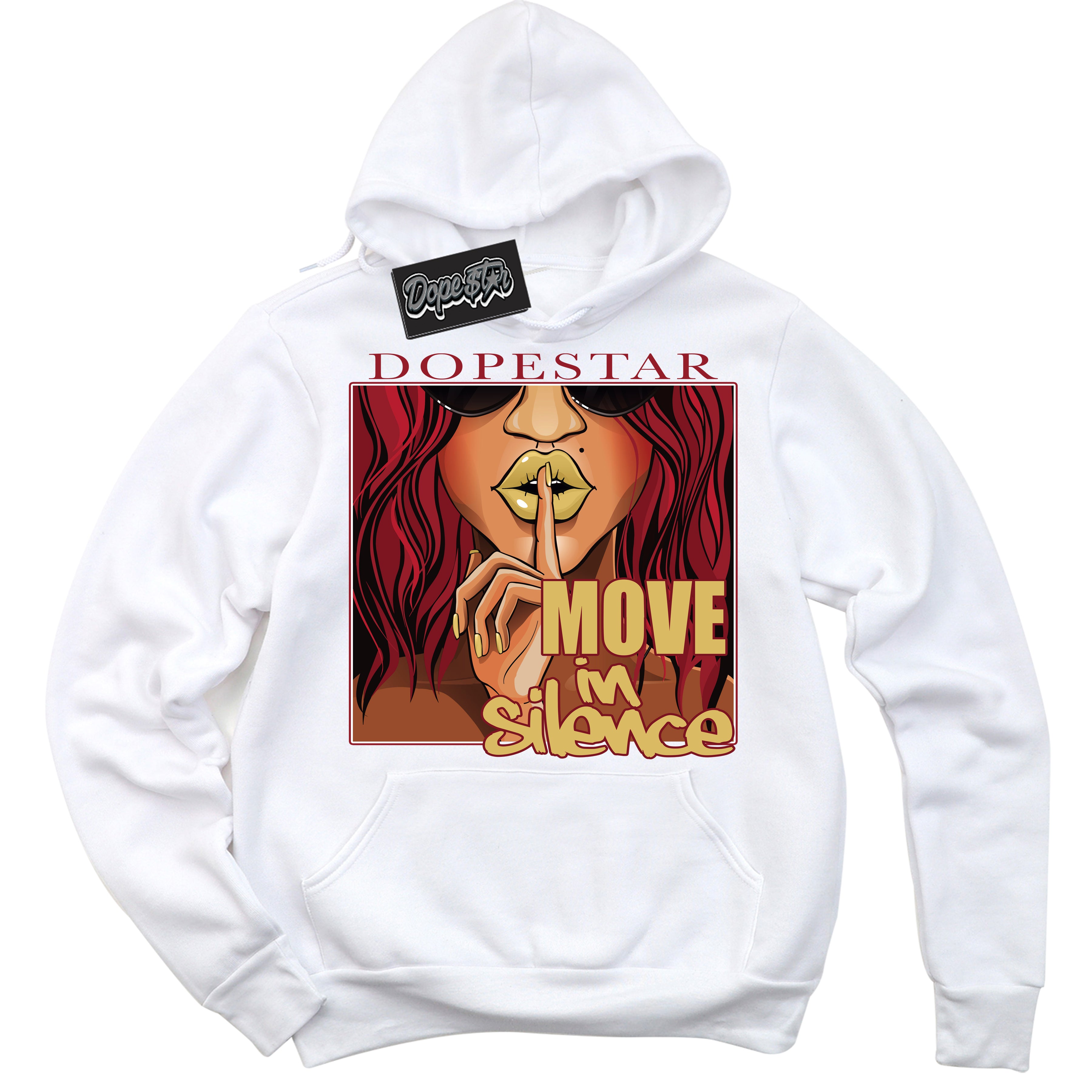 Cool White Hoodie with “ Move In Silence ”  design that Perfectly Matches Method of Make Gym Red Metallic Gold 1s Jordans.
