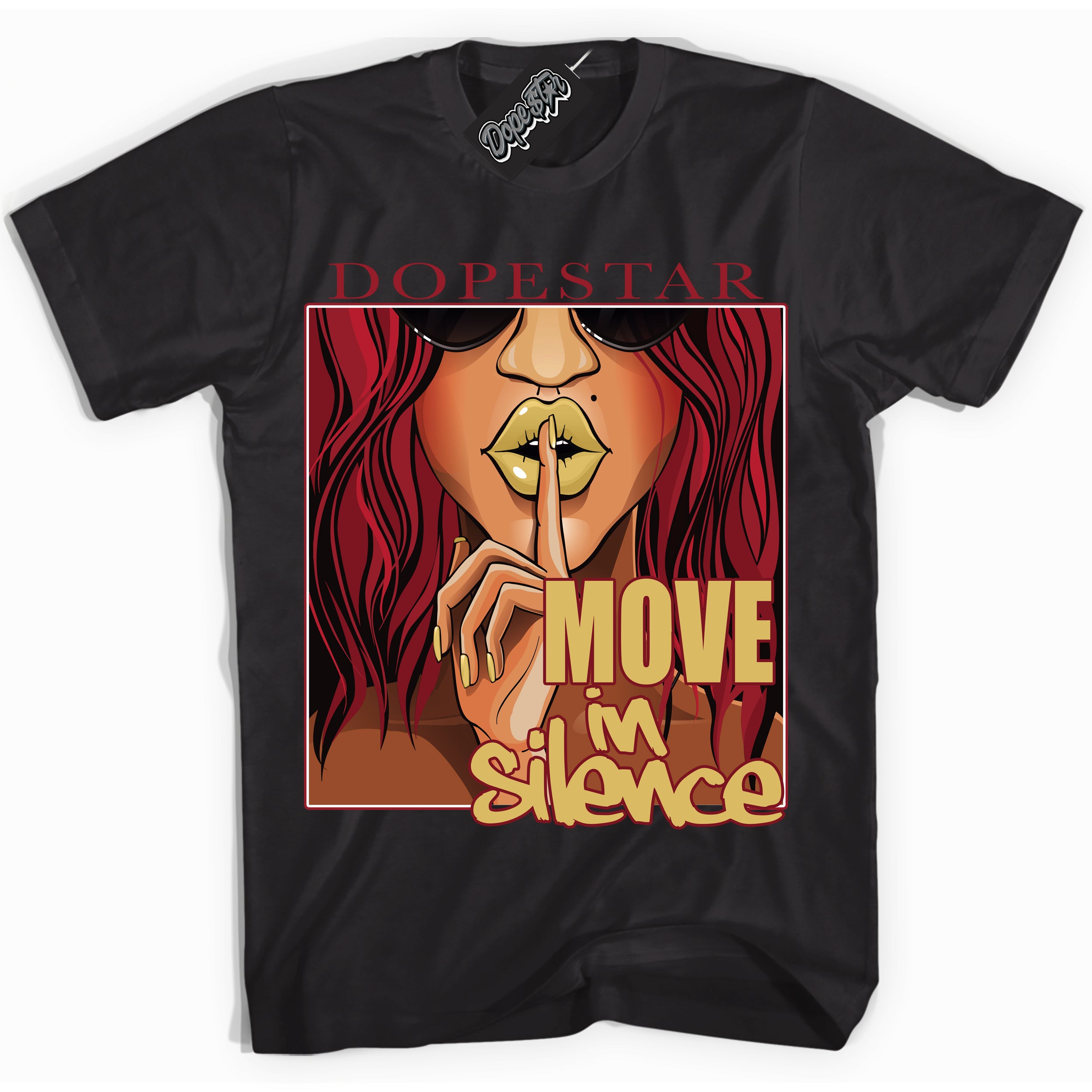 Cool Black Shirt with “ Move In Silence ” design that perfectly matches Method of Make Gym Red Metallic Gold 1s Jordans.
