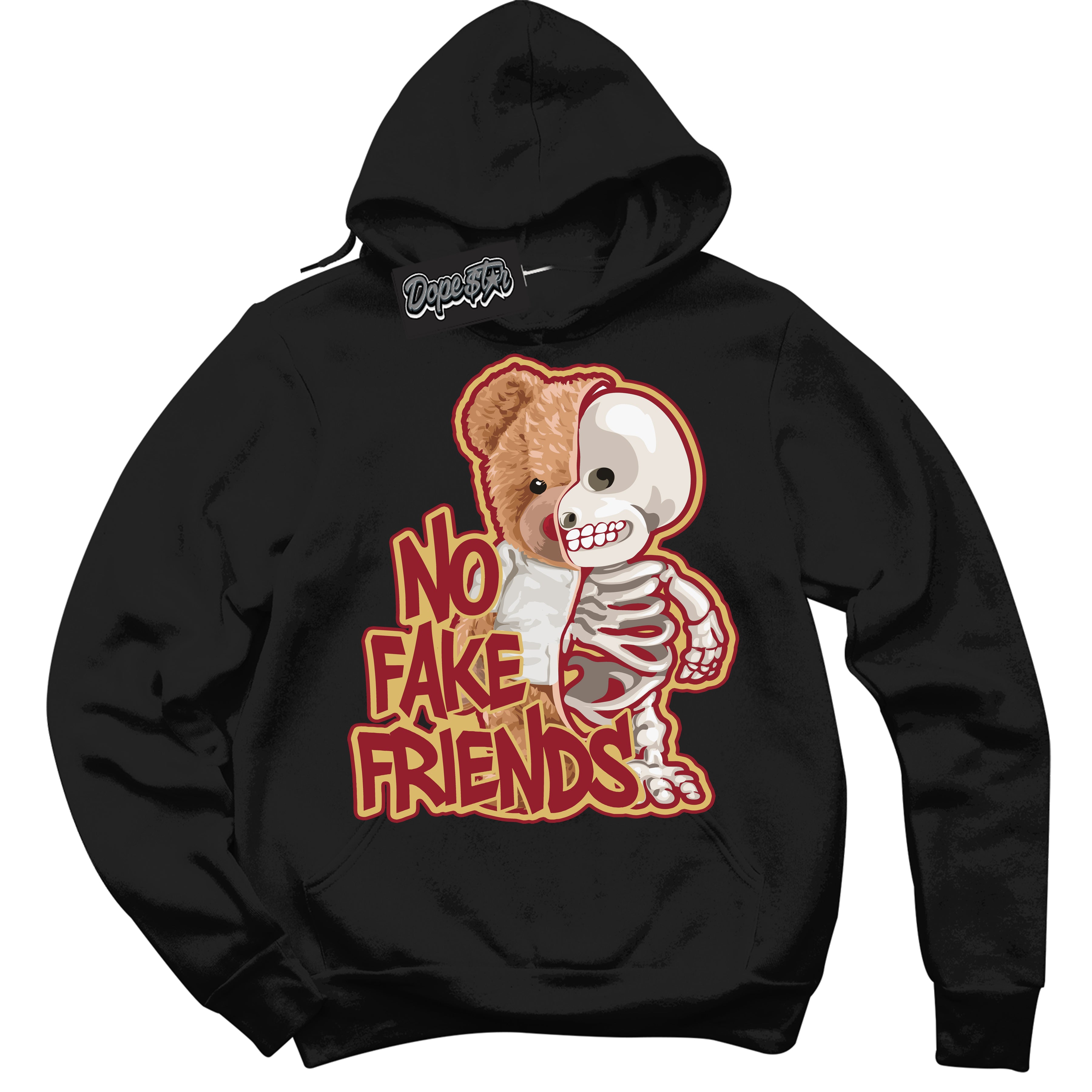 Cool Black Hoodie with “ No Fake Friends ”  design that Perfectly Matches Method of Make Gym Red Metallic Gold 1s Jordans.
