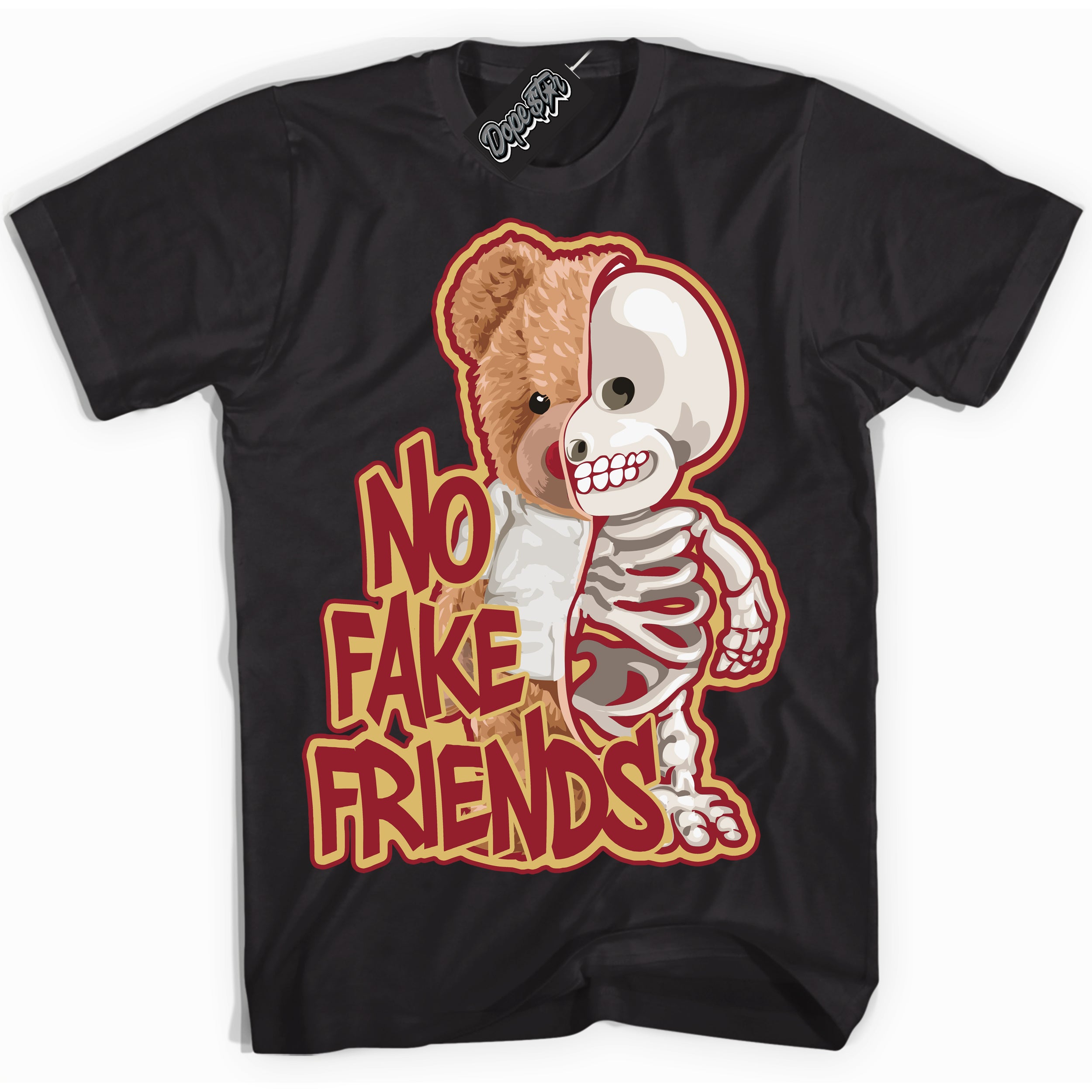 Cool Black Shirt with “ No Fake Friends ” design that perfectly matches Method of Make Gym Red Metallic Gold 1s Jordans.
