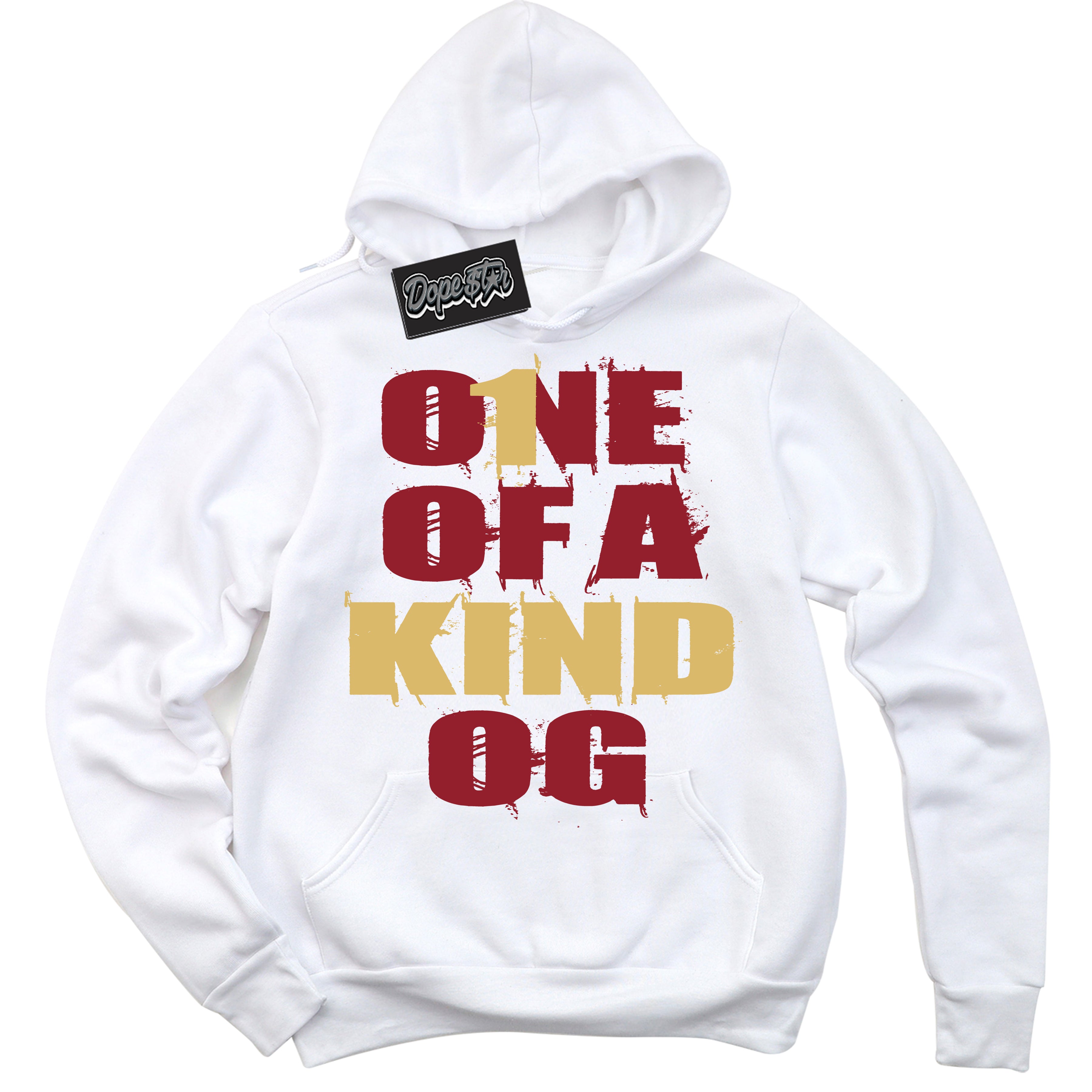 Cool White Hoodie with “ One Of A Kind ”  design that Perfectly Matches Method of Make Gym Red Metallic Gold 1s Jordans.
