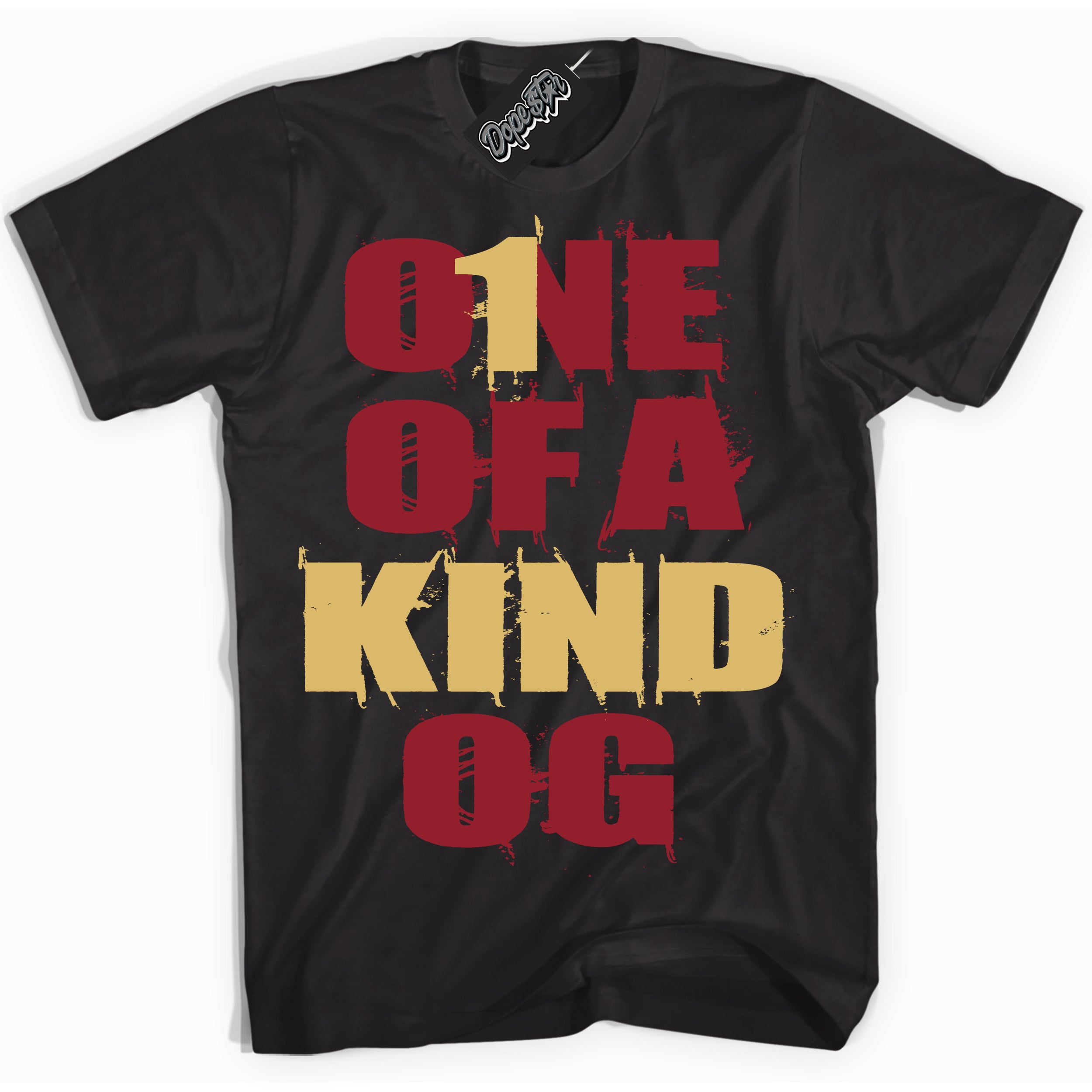 Cool Black Shirt with “ One Of A Kind ” design that perfectly matches Method of Make Gym Red Metallic Gold 1s Jordans.
