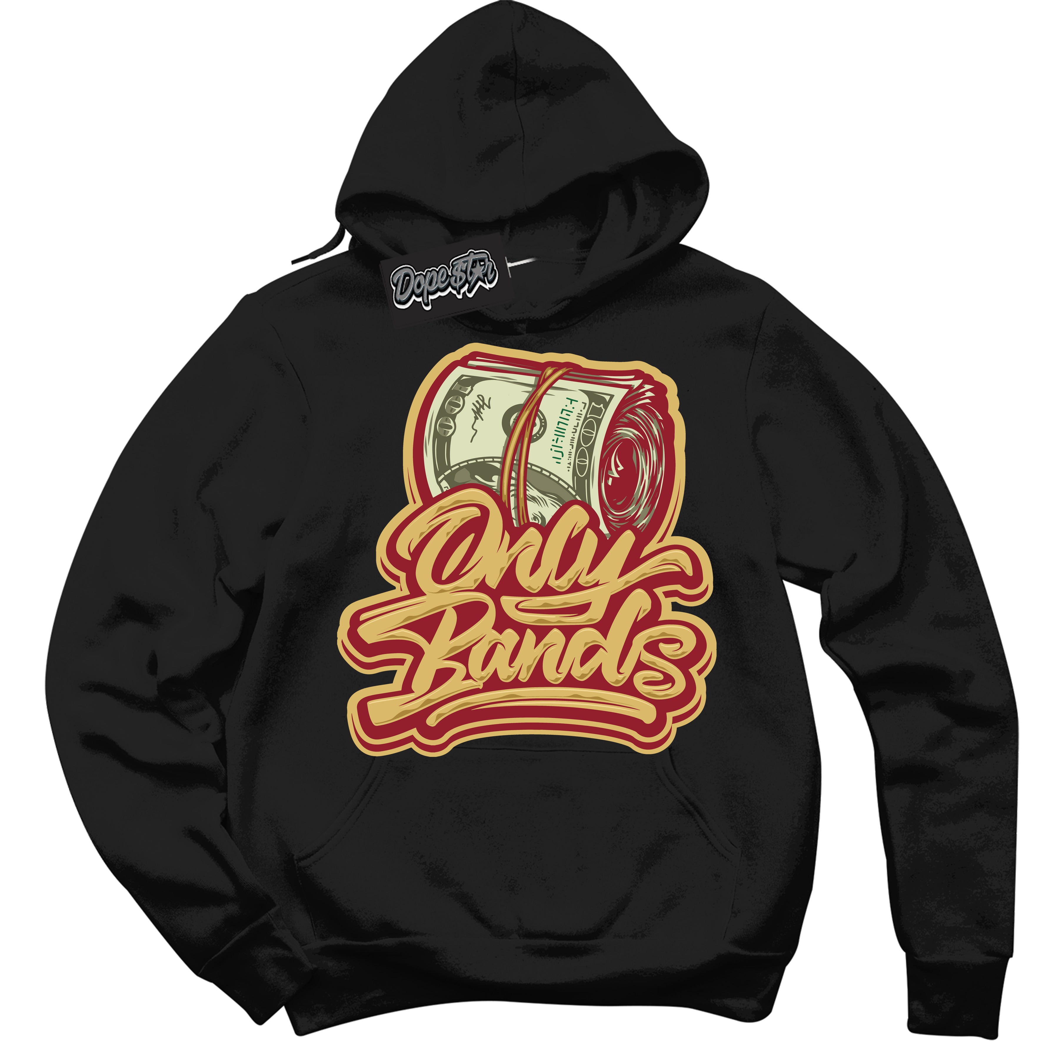 Cool Black Hoodie with “ Only Bands ”  design that Perfectly Matches Method of Make Gym Red Metallic Gold 1s Jordans.
