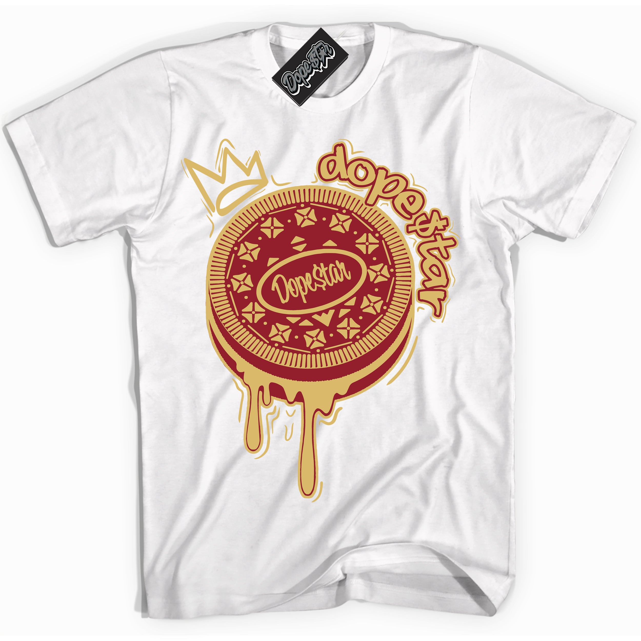 Cool White Shirt with “ Oreo DS ” design that perfectly matches Method of Make Gym Red Metallic Gold 1s Jordans.
