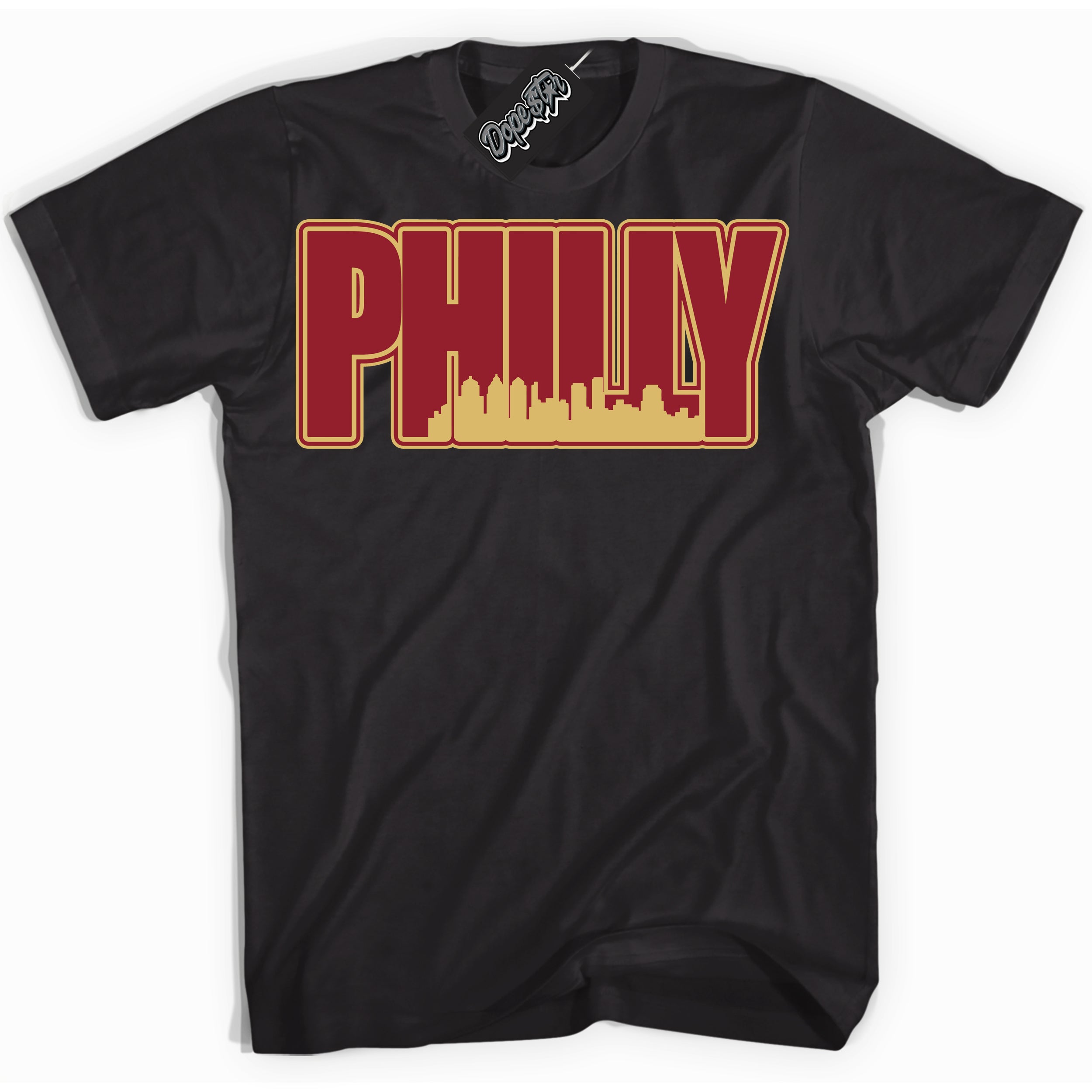 Cool Black Shirt with “ Philly ” design that perfectly matches Method of Make Gym Red Metallic Gold 1s Jordans.
