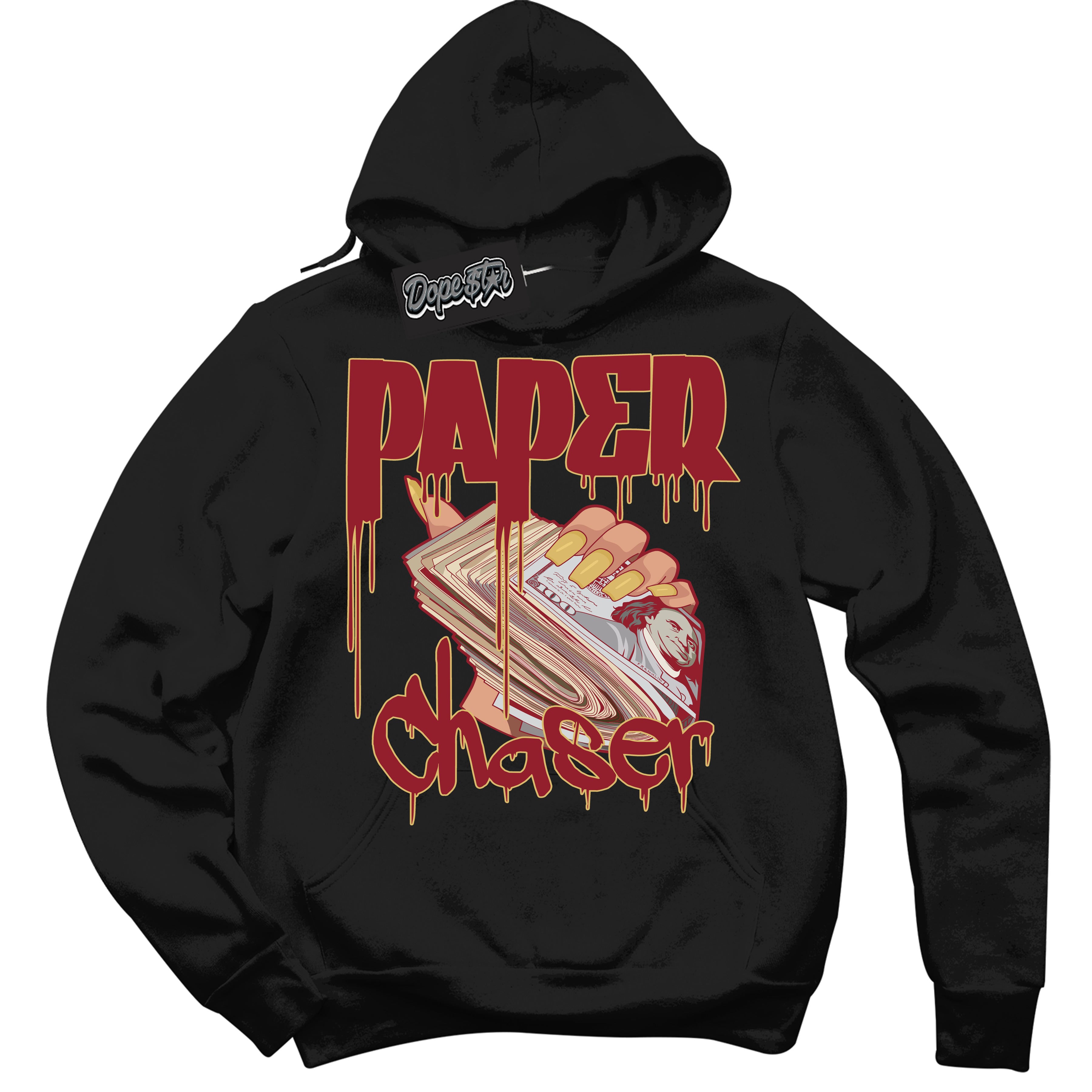 Cool Black Hoodie with “ Paper Chaser ”  design that Perfectly Matches Method of Make Gym Red Metallic Gold 1s Jordans.
