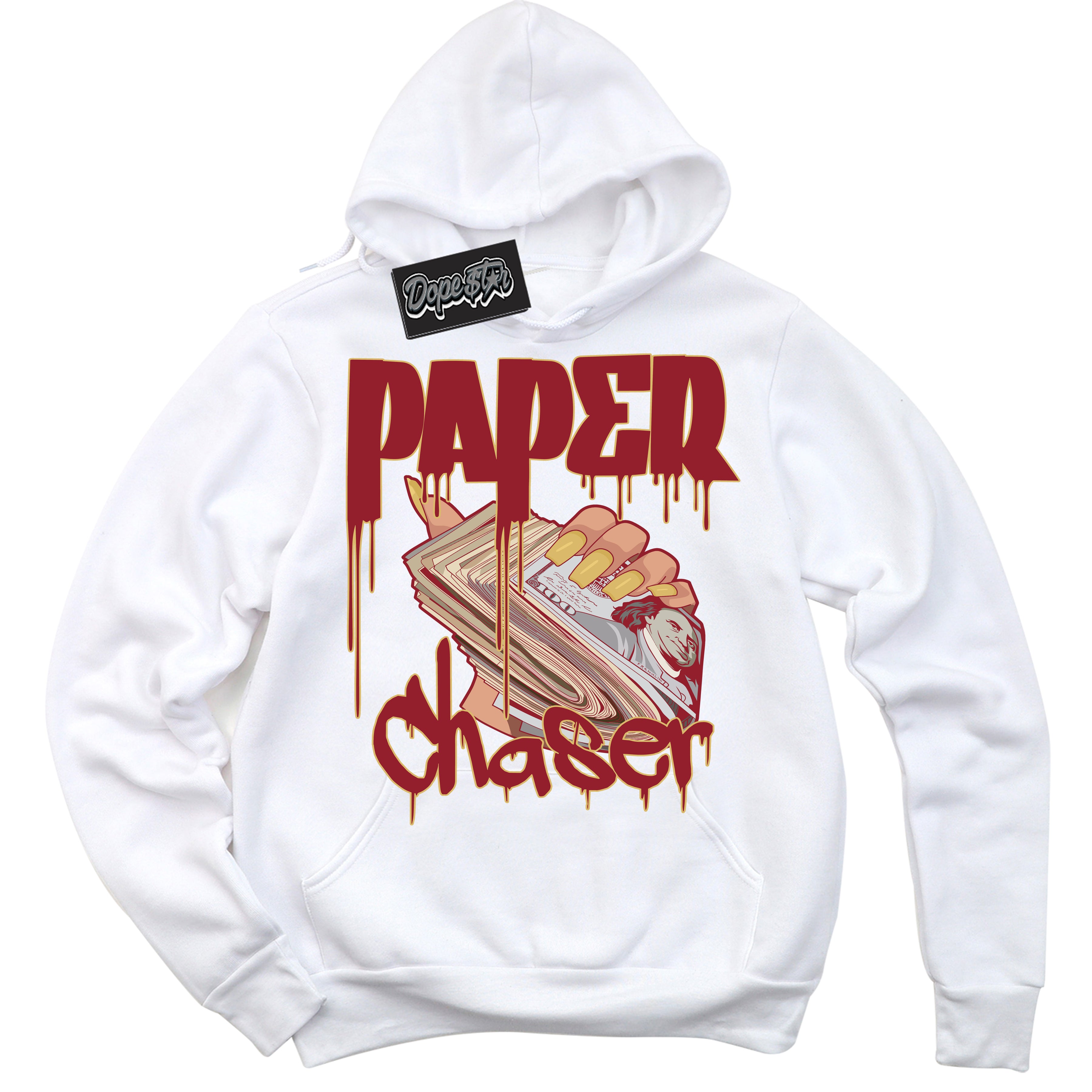 Cool White Hoodie with “ Paper Chaser ”  design that Perfectly Matches Method of Make Gym Red Metallic Gold 1s Jordans.
