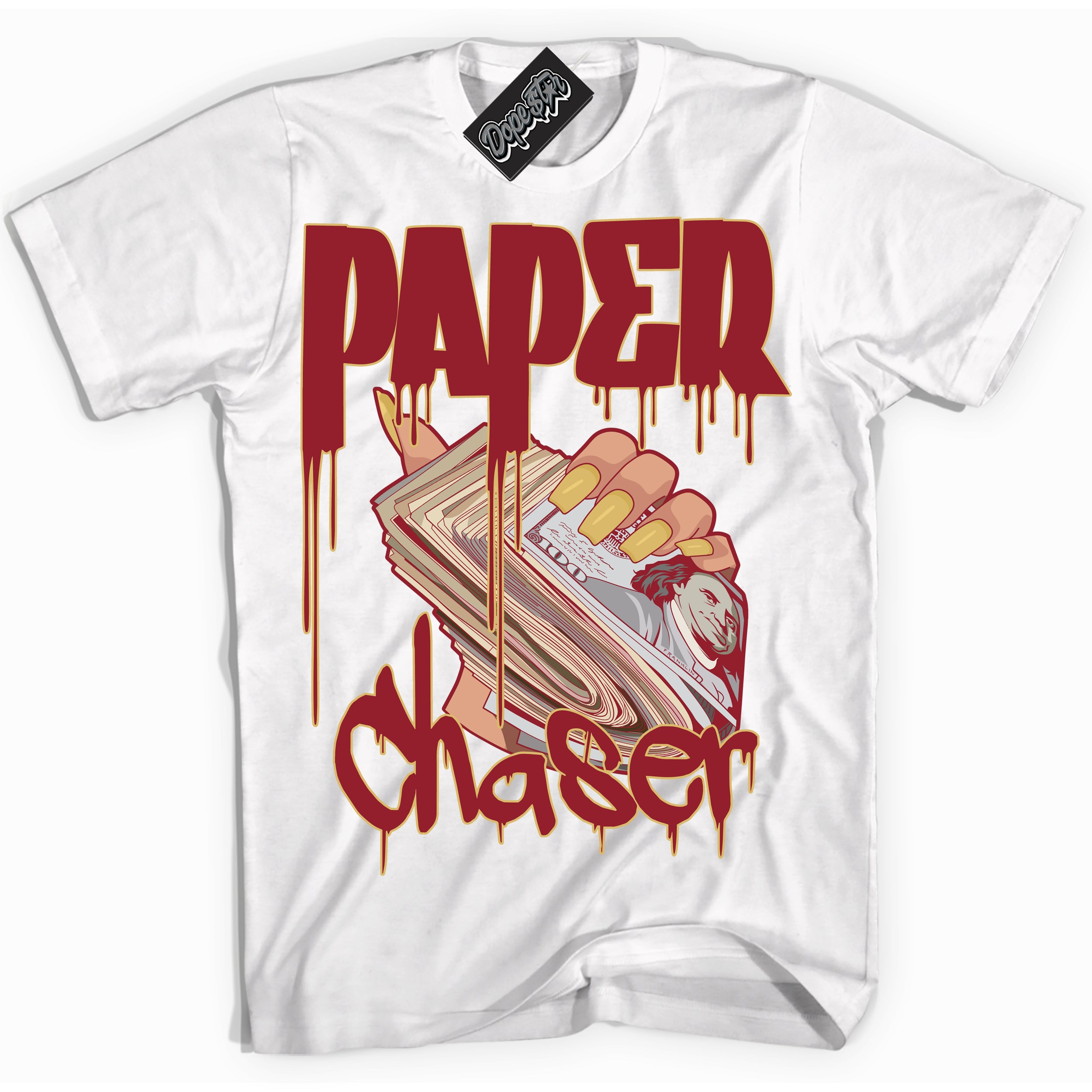 Cool White Shirt with “ Paper Chaser ” design that perfectly matches Method of Make Gym Red Metallic Gold 1s Jordans.
