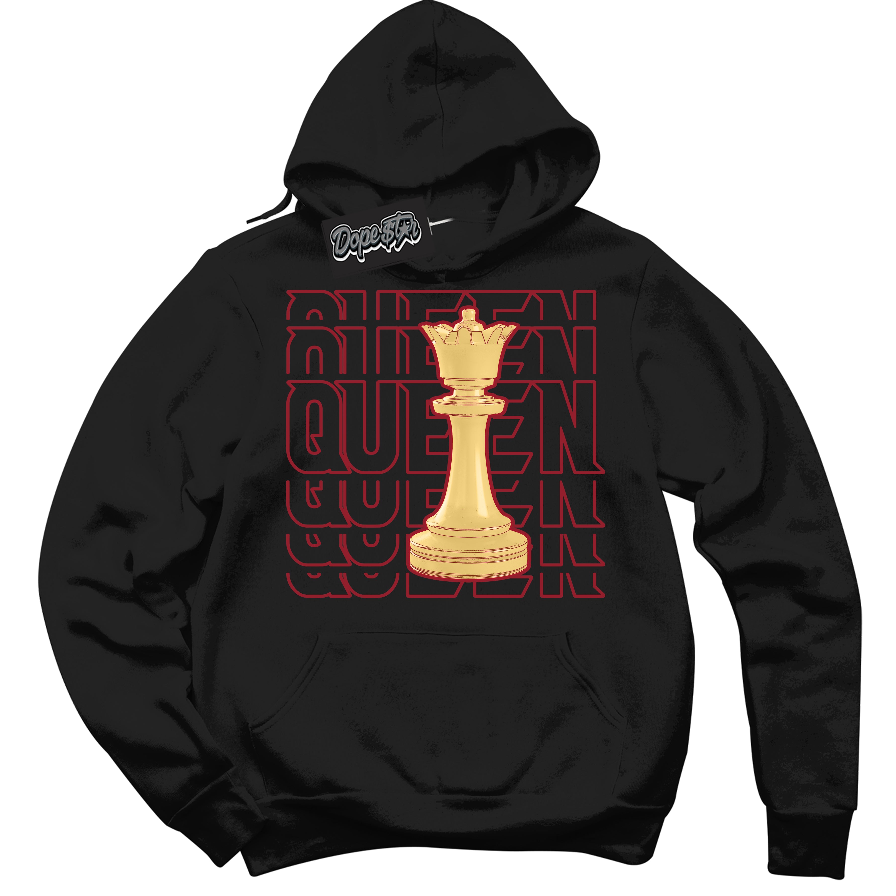 Cool Black Hoodie with “ Queen Chess ”  design that Perfectly Matches Method of Make Gym Red Metallic Gold 1s Jordans.
