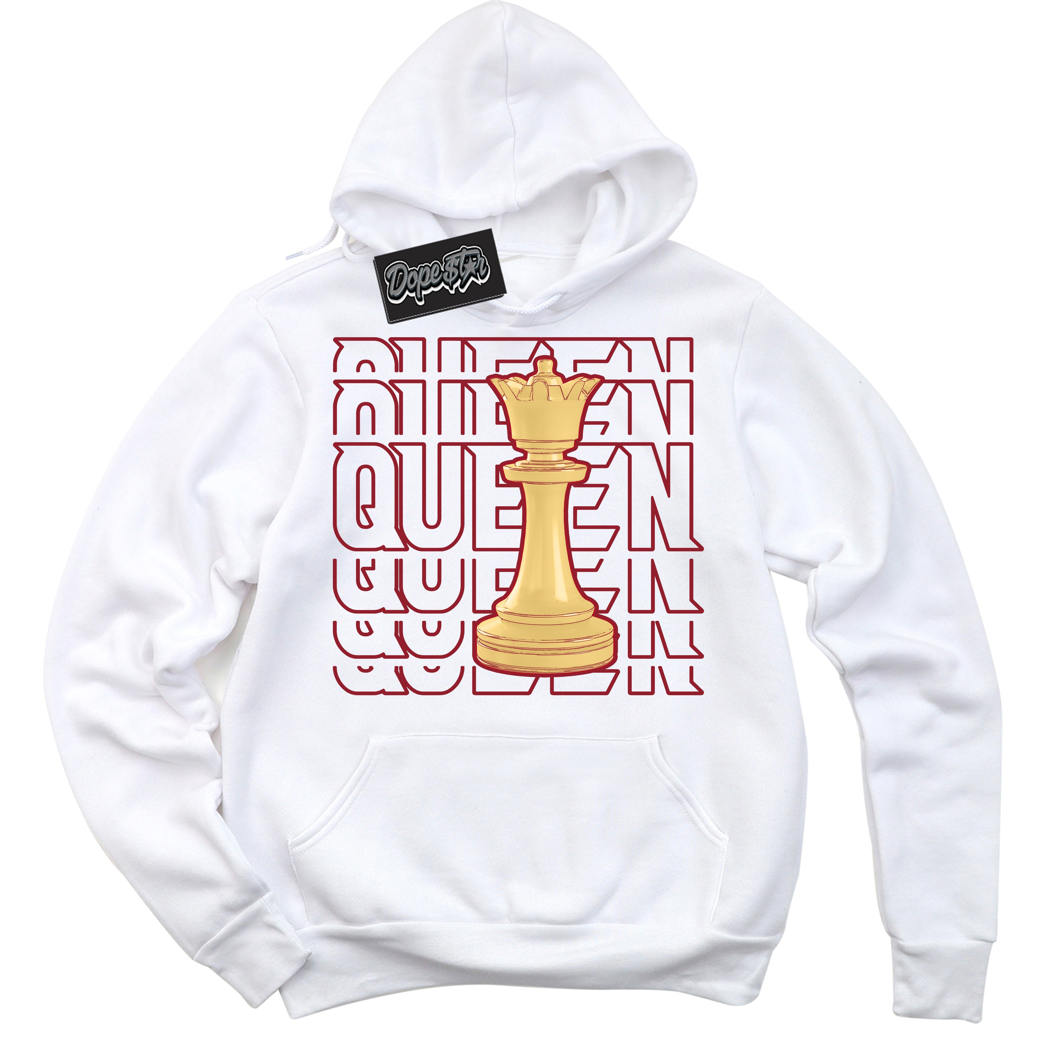 Cool White Hoodie with “ Queen Chess ”  design that Perfectly Matches Method of Make Gym Red Metallic Gold 1s Jordans.
