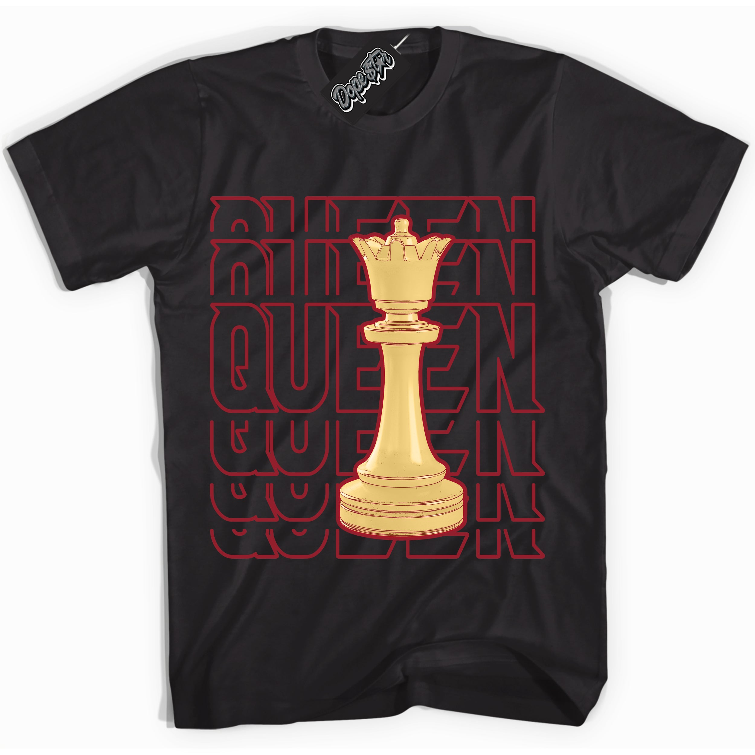 Cool Black Shirt with “ Queen Chess ” design that perfectly matches Method of Make Gym Red Metallic Gold 1s Jordans.
