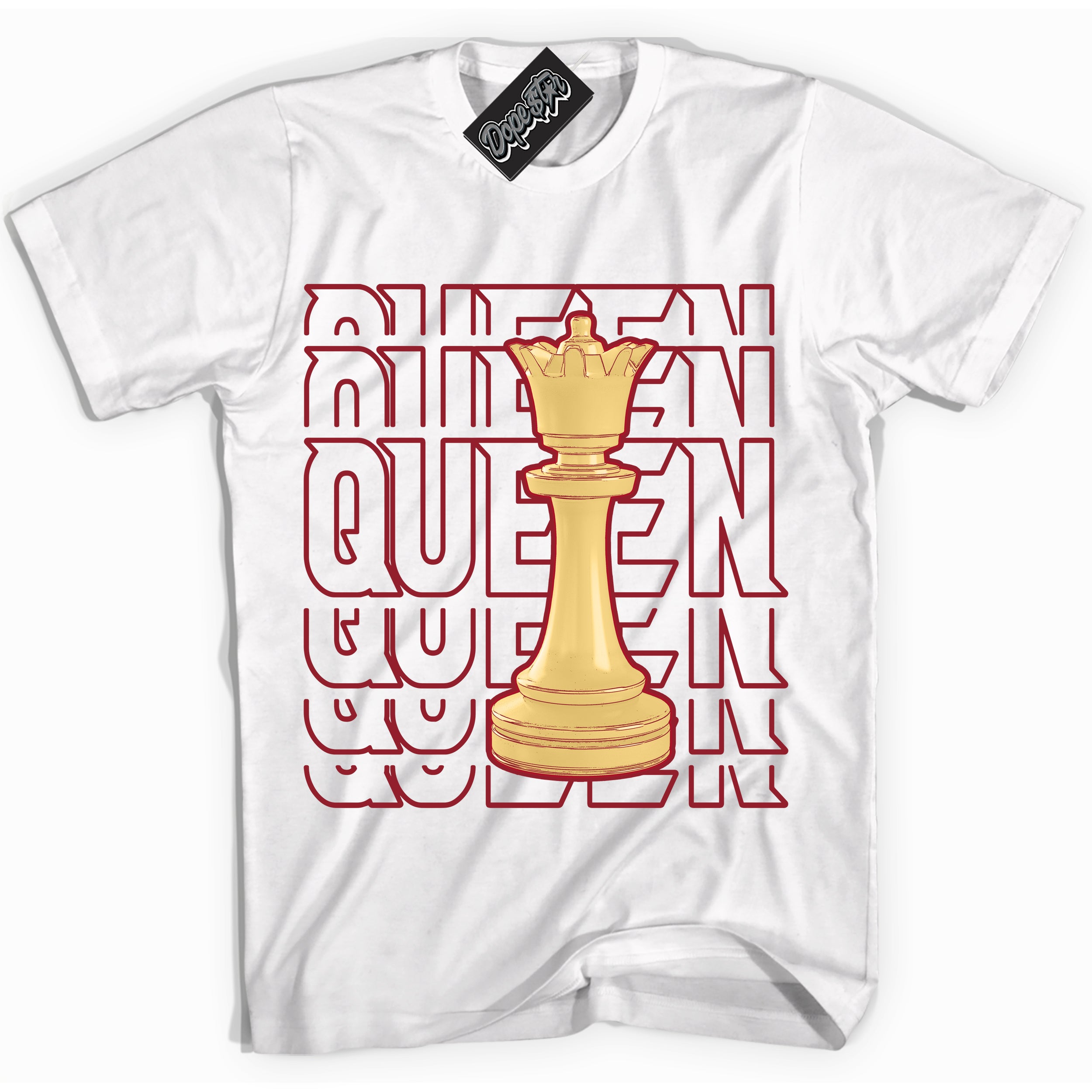 Cool White Shirt with “ Queen Chess ” design that perfectly matches Method of Make Gym Red Metallic Gold 1s Jordans.
