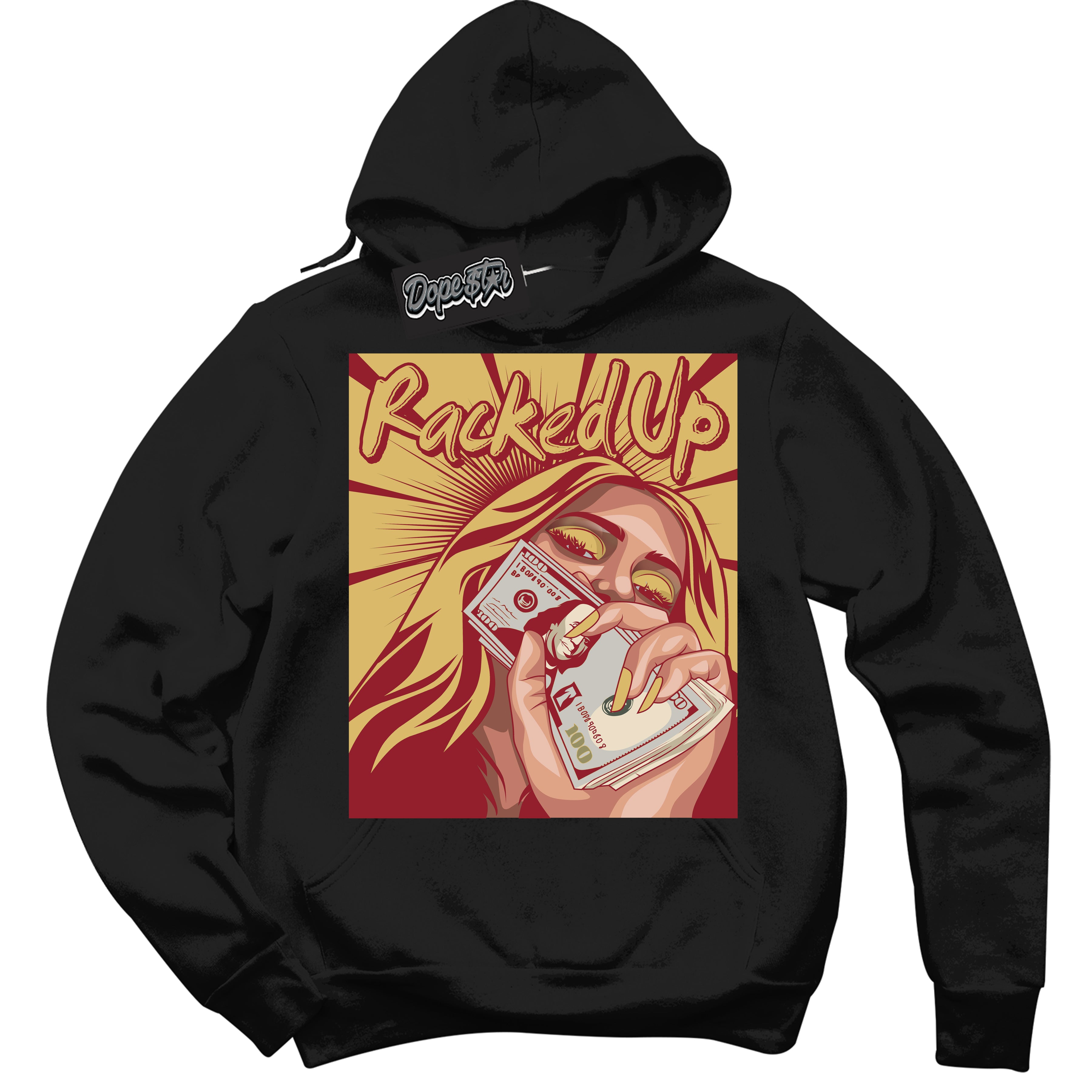 Cool Black Hoodie with “ Racked Up ”  design that Perfectly Matches Method of Make Gym Red Metallic Gold 1s Jordans.
