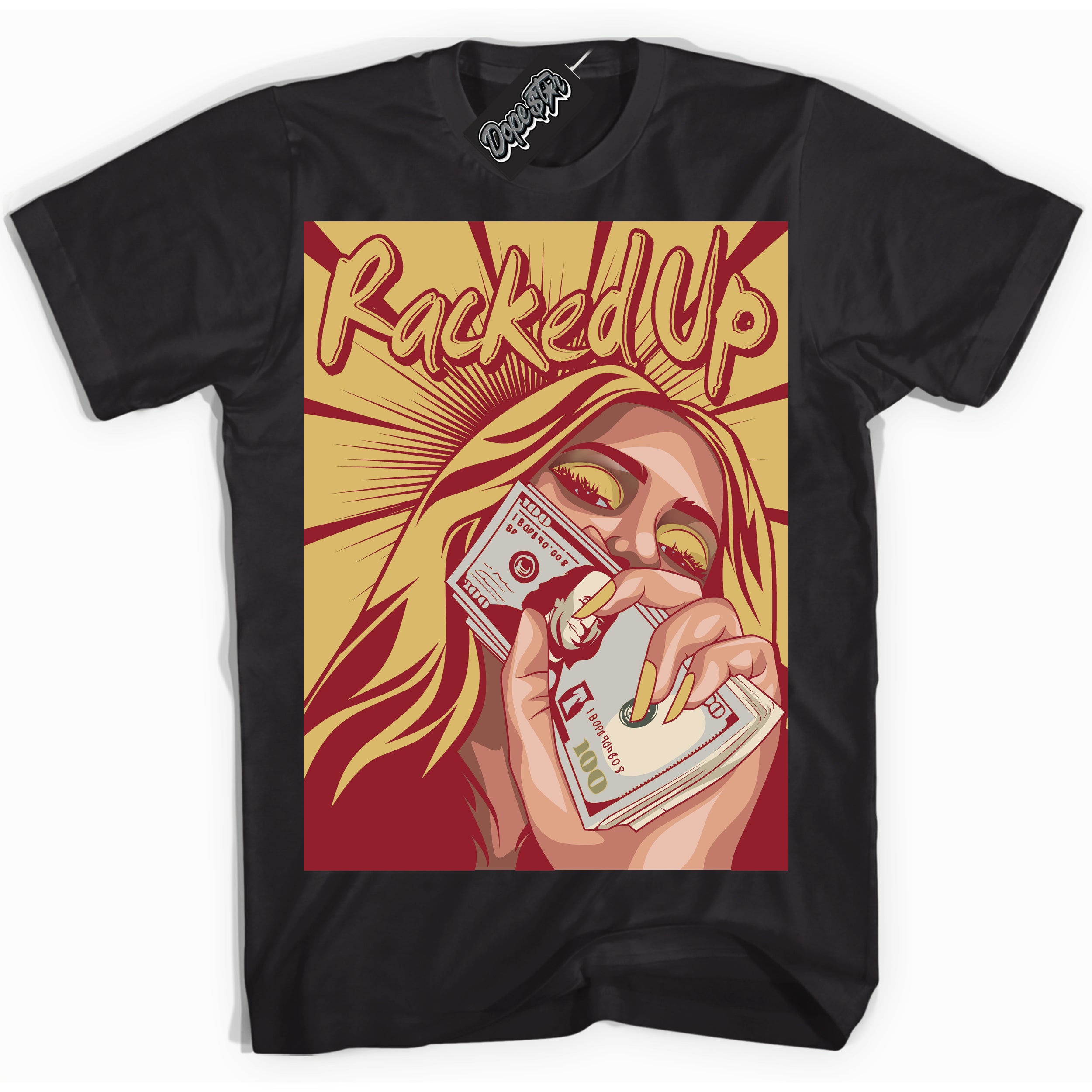 Cool Black Shirt with “ Racked Up ” design that perfectly matches Method of Make Gym Red Metallic Gold 1s Jordans.
