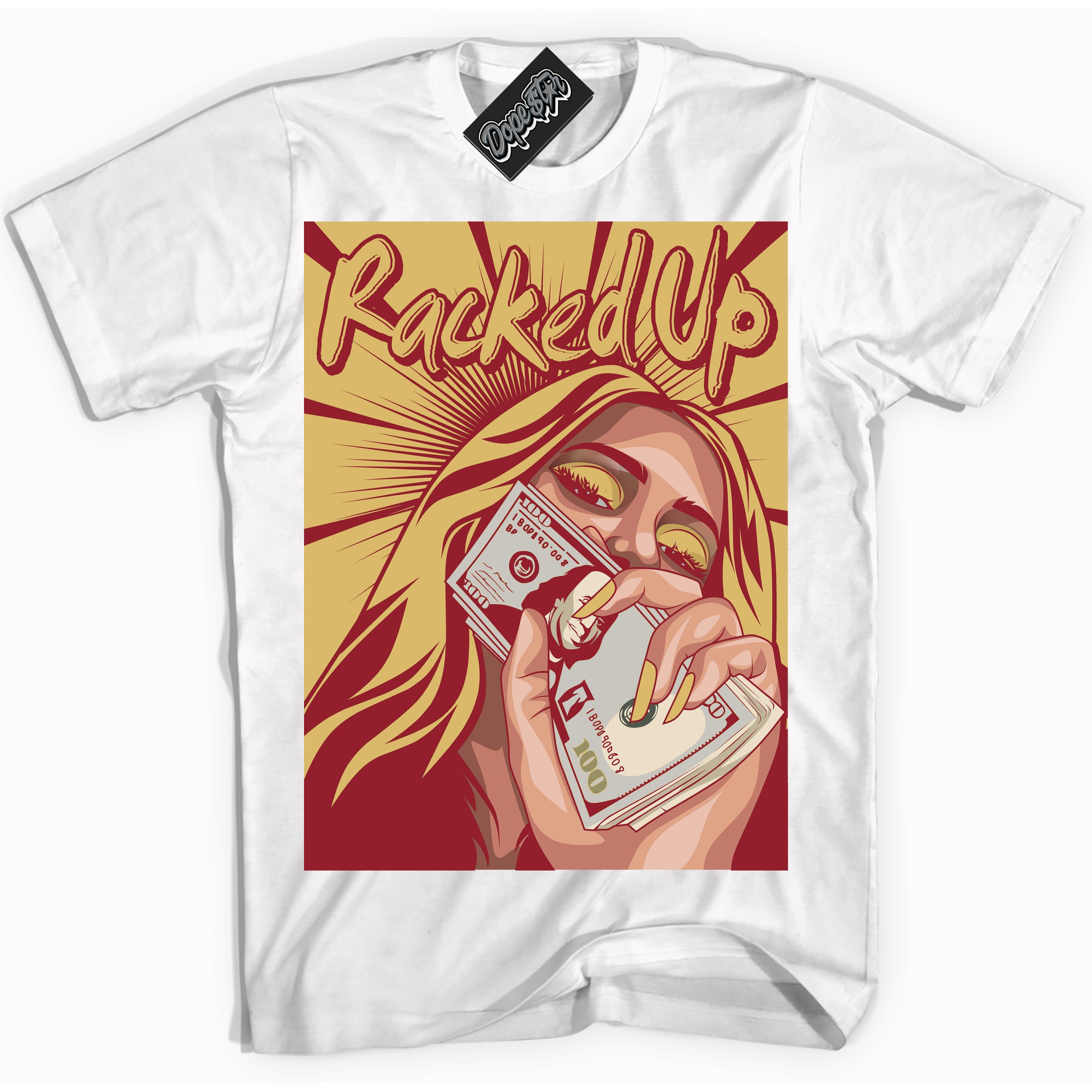 Cool White Shirt with “ Racked Up ” design that perfectly matches Method of Make Gym Red Metallic Gold 1s Jordans.
