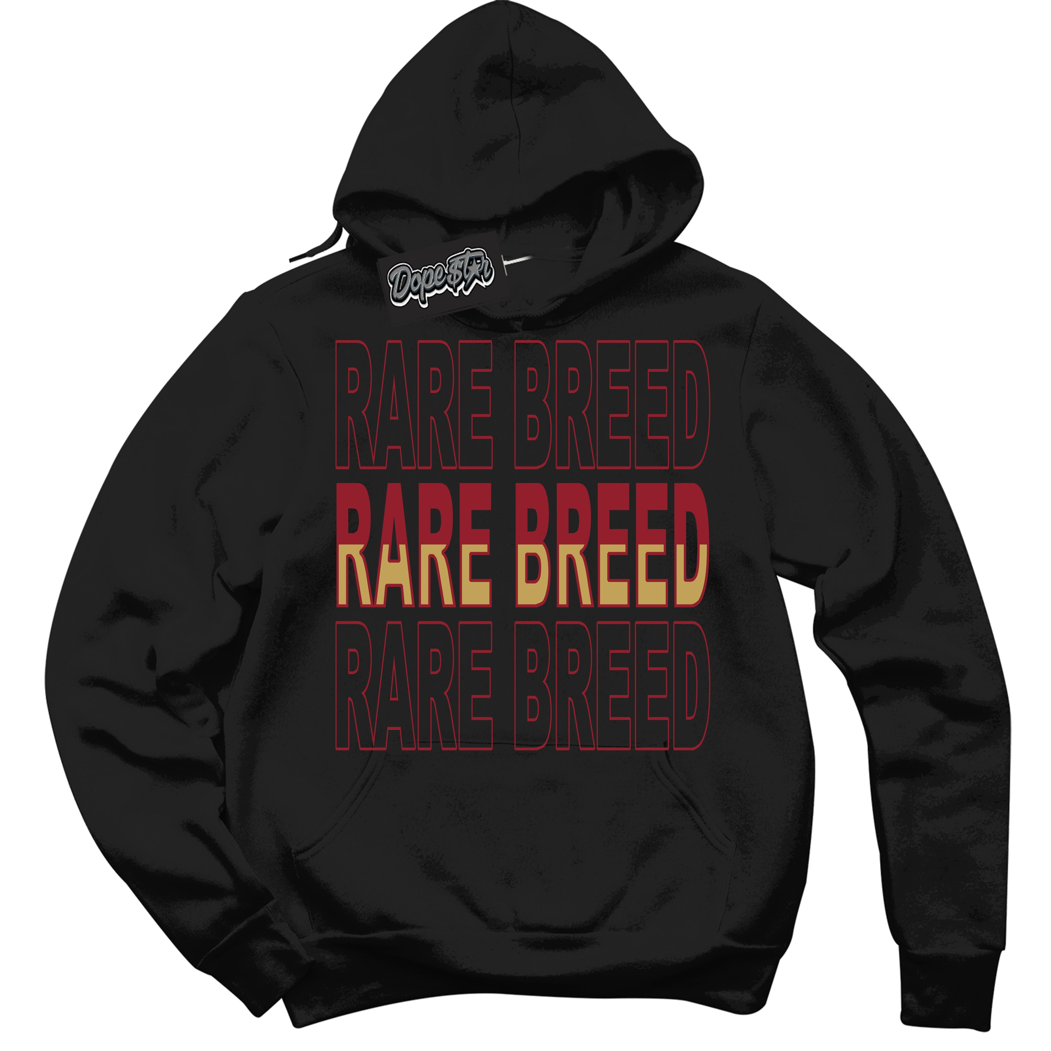 Cool Black Hoodie with “ Rare Breed ”  design that Perfectly Matches Method of Make Gym Red Metallic Gold 1s Jordans.
