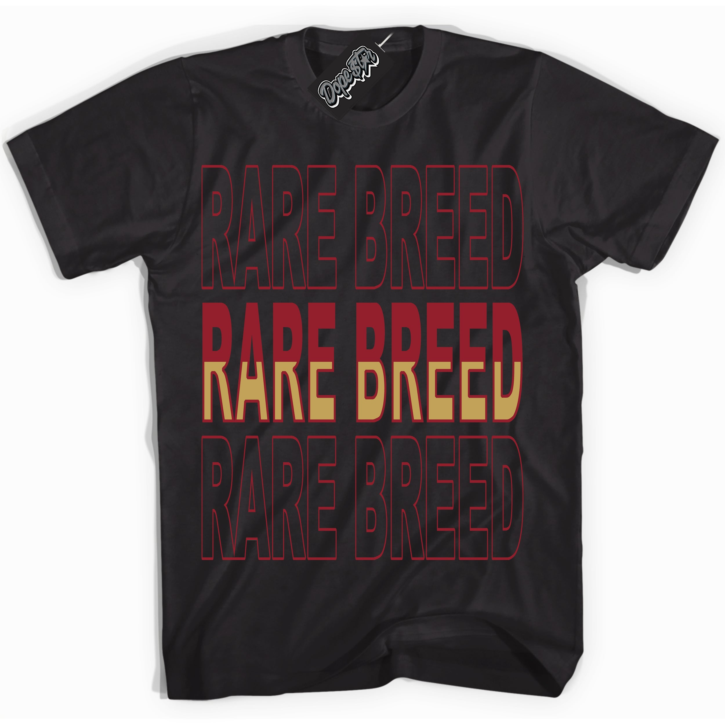 Cool Black Shirt with “ Rare Breed ” design that perfectly matches Method of Make Gym Red Metallic Gold 1s Jordans.
