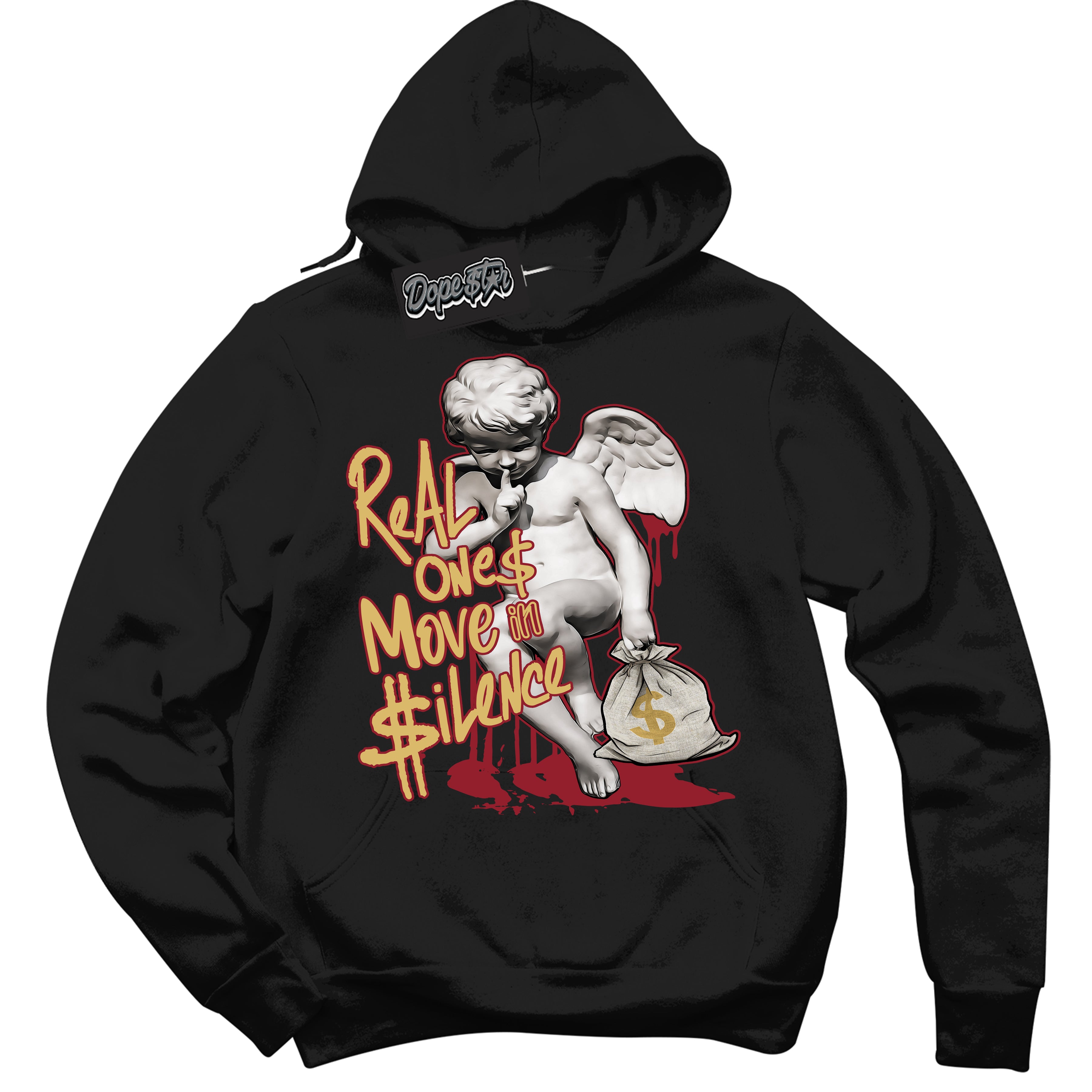 Cool Black Hoodie with “ Real Ones Cherub ”  design that Perfectly Matches Method of Make Gym Red Metallic Gold 1s Jordans.
