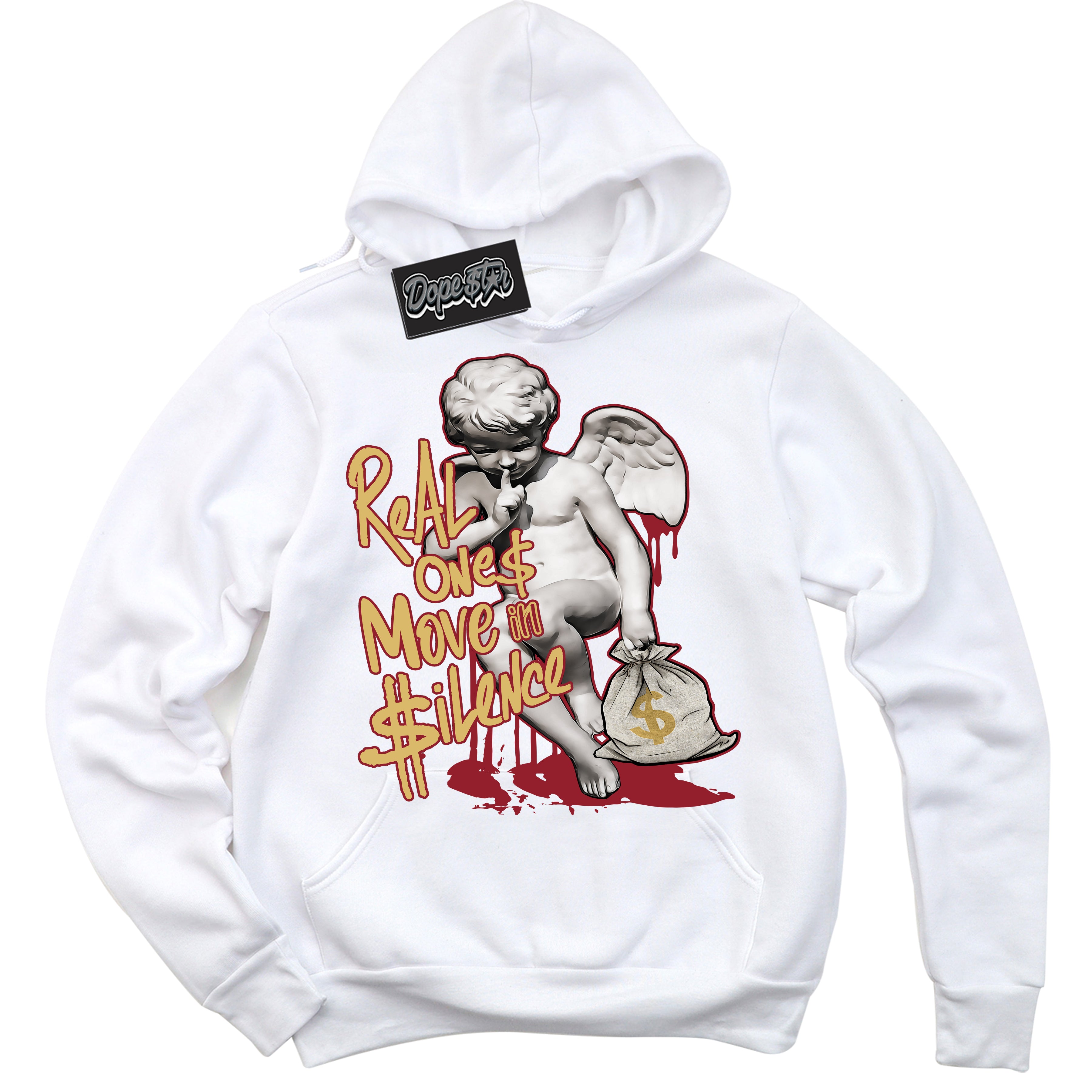 Cool White Hoodie with “ Real Ones Cherub ”  design that Perfectly Matches Method of Make Gym Red Metallic Gold 1s Jordans.
